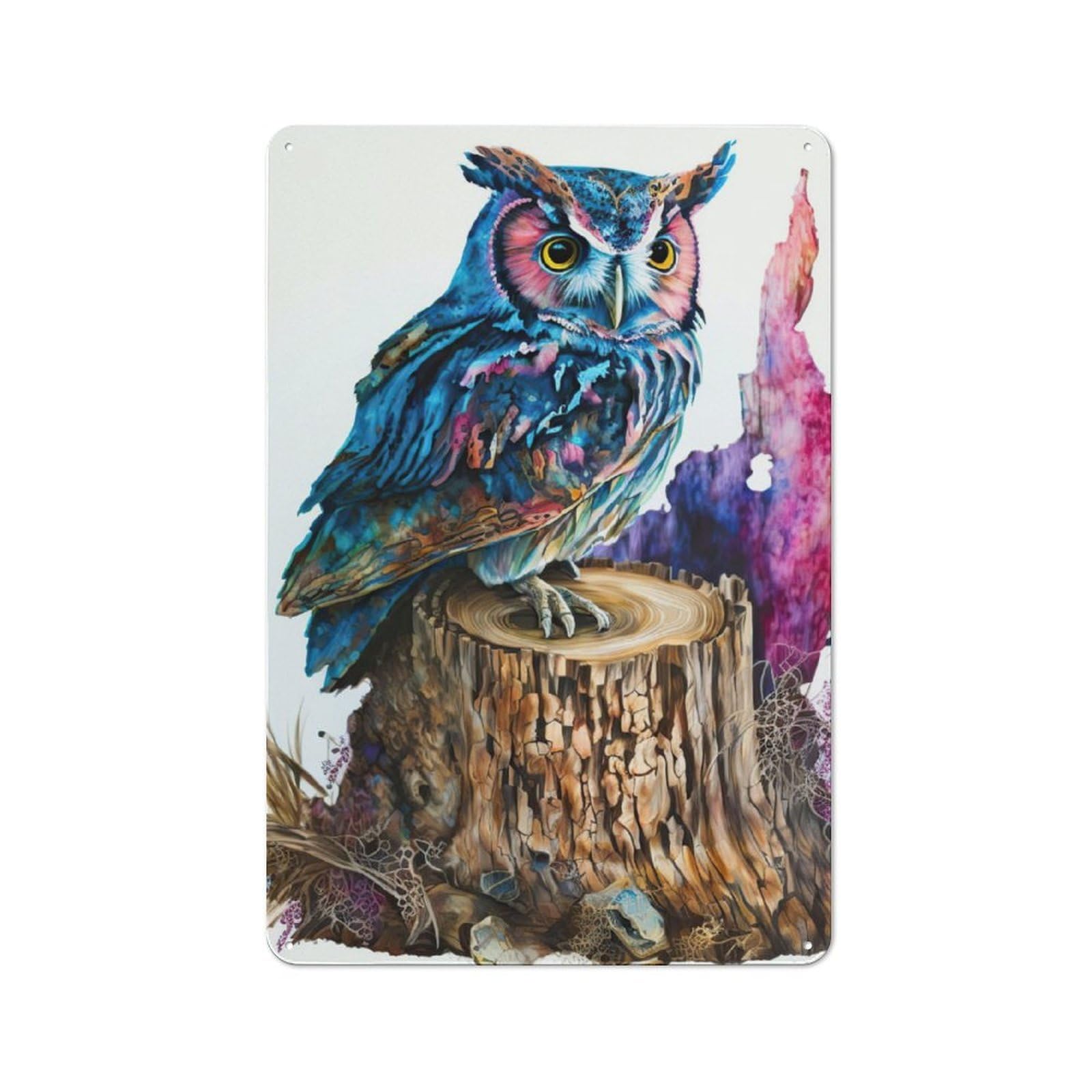 Metal Plaque 30x20cm with Owl Watercolor for Garage Wall, Retro Decor, for Themed Interiors in Garages And Workshops