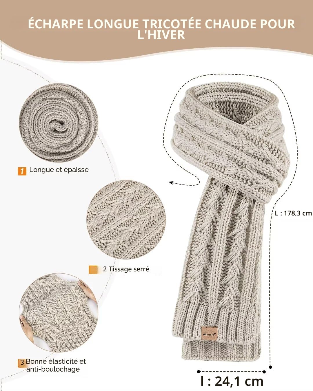 Winuesa Ensemble bonnet, écharpe et gants pour femme, bonnet d'hiver pour femme avec pompon doublé en polaire chaud, bonnet à pompons, gants pour écran tactile, écharpe, cache-cou, ensemble 3 en 1