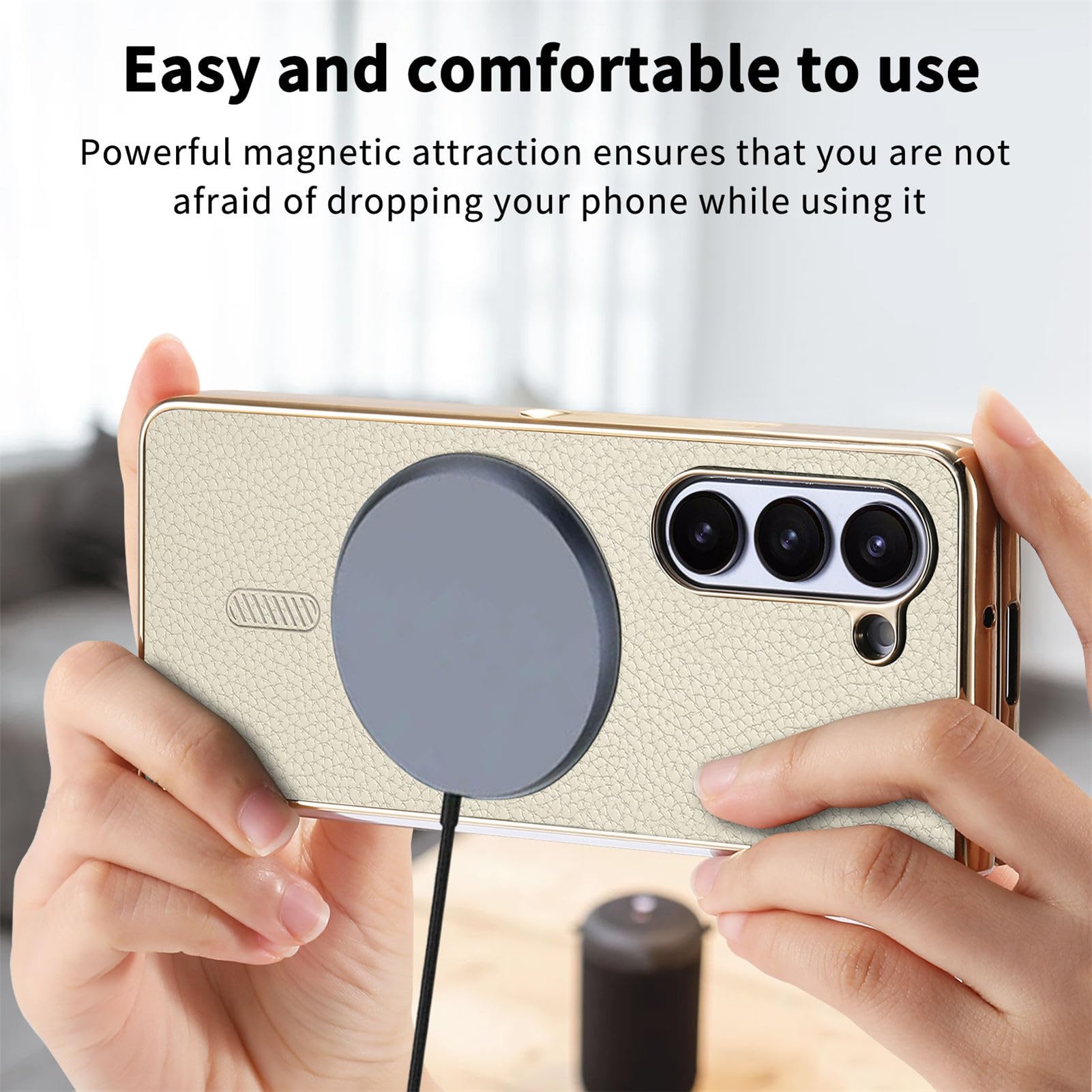 Magnética Funda para Samsung Galaxy Z Fold 6, Galvanoplastia Marco Cuero Carcasa con Pantalla Protección Inalámbrica Carga Estuche,Verde