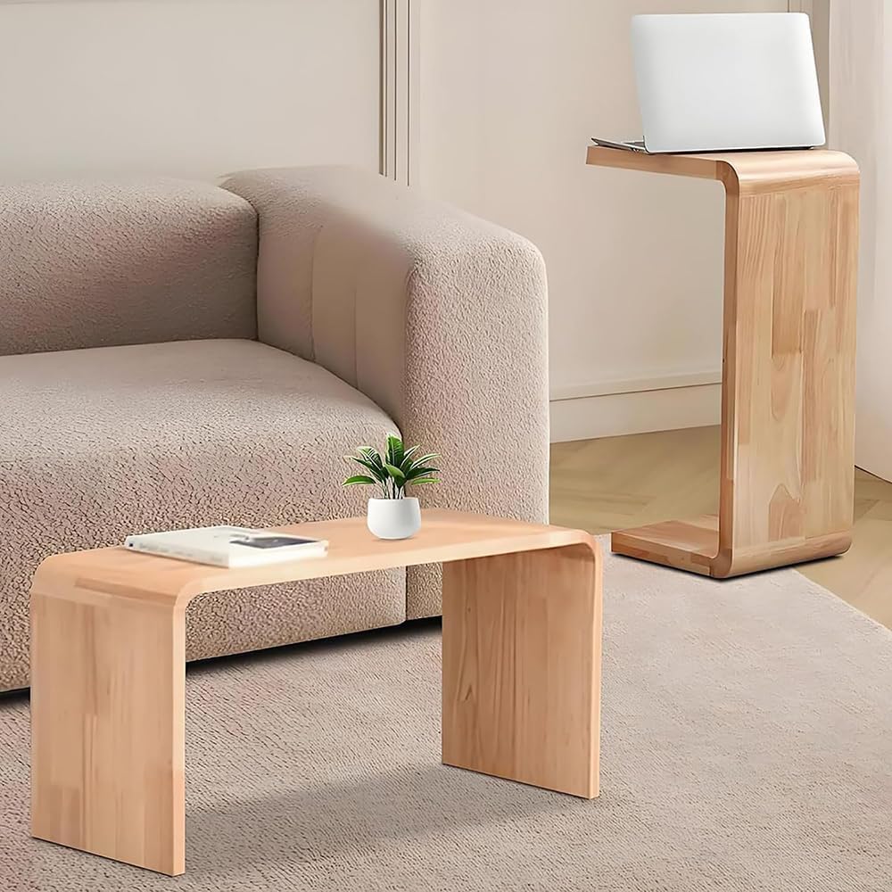 wooden c shaped end table for couch - slide under sofa side table & small sofa table tray for laptop | space-saving narrow design for bedroom, living room