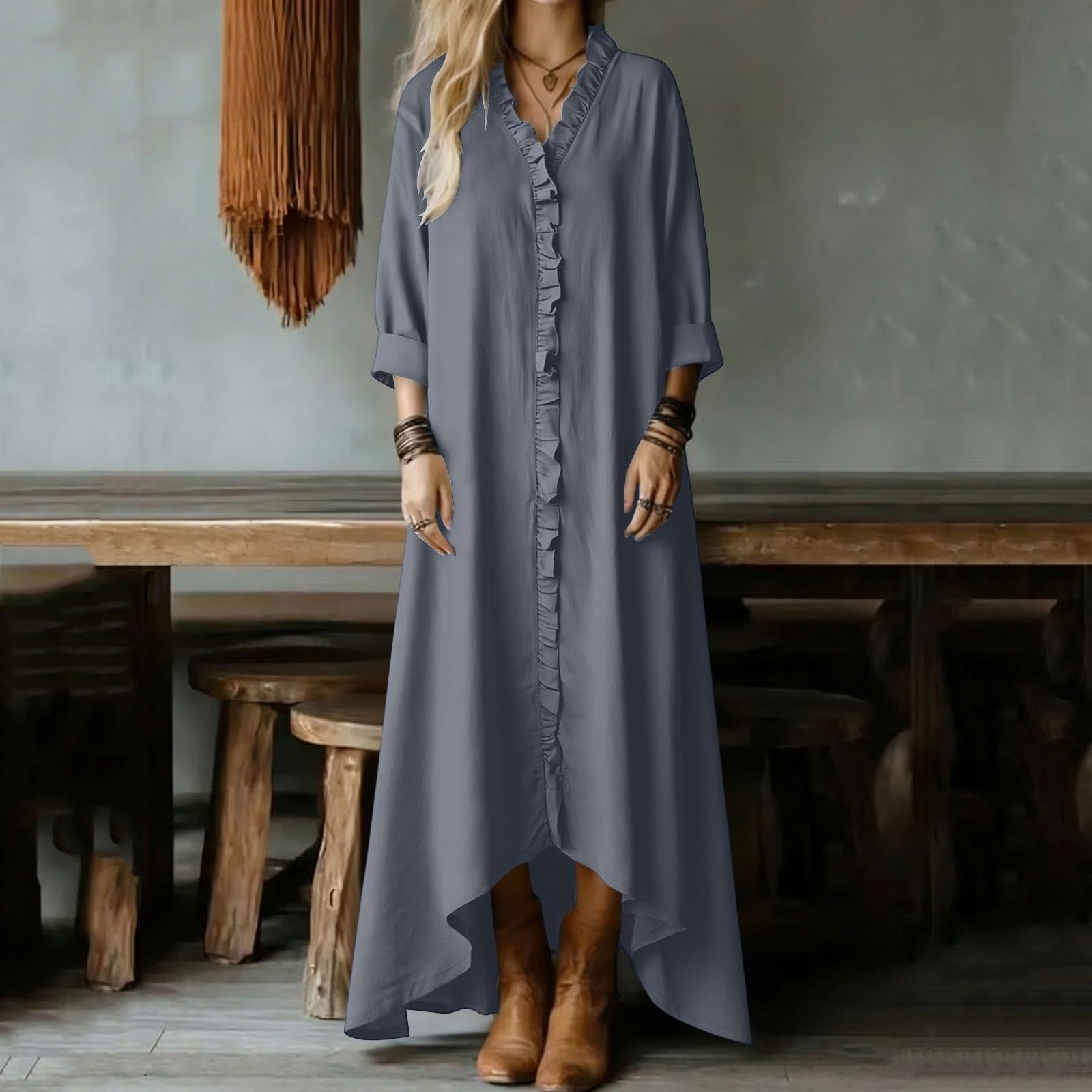 Abiti Estivi Donna Lino Vestito Lungo in Cotone a Maniche a 3/4 Morbido e Traspirante Abiti Mare Casual Tinta Unita Abito Scollo a V Boho Chic Vestiti Larghe e Leggeri Vestiti Baggy da Spiaggia