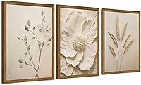 JLTULT 3-Piece Framed Neutral Beige Floral Canvas Wall Art - Modern Botanical Flower Prints, 12x16 Inch Ready to Hang for Living Room Bedroom Farmhouse