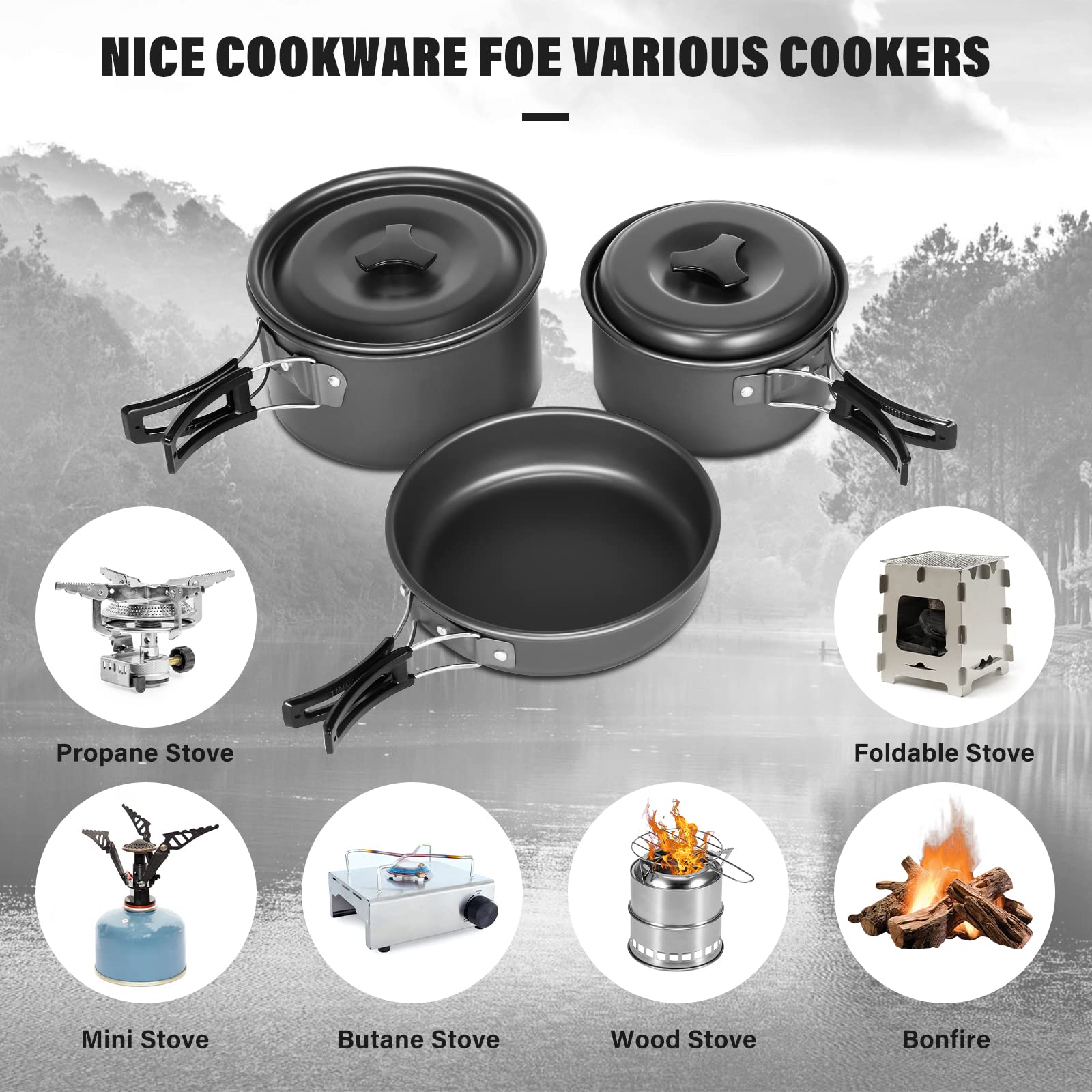 Lixada Lot de 10 ustensiles de cuisine de camping antiadhésifs légers empilables avec sac de rangement, ustensiles de cuisine d'extérieur portables pour randonnée, pique-nique