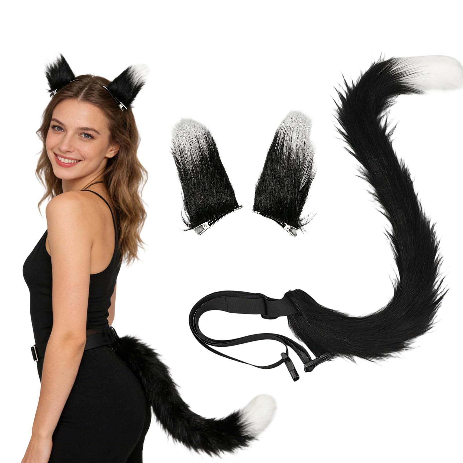 2 pezzi morbido peluche coda di animali con coda di gatto lunga - nero e bianco