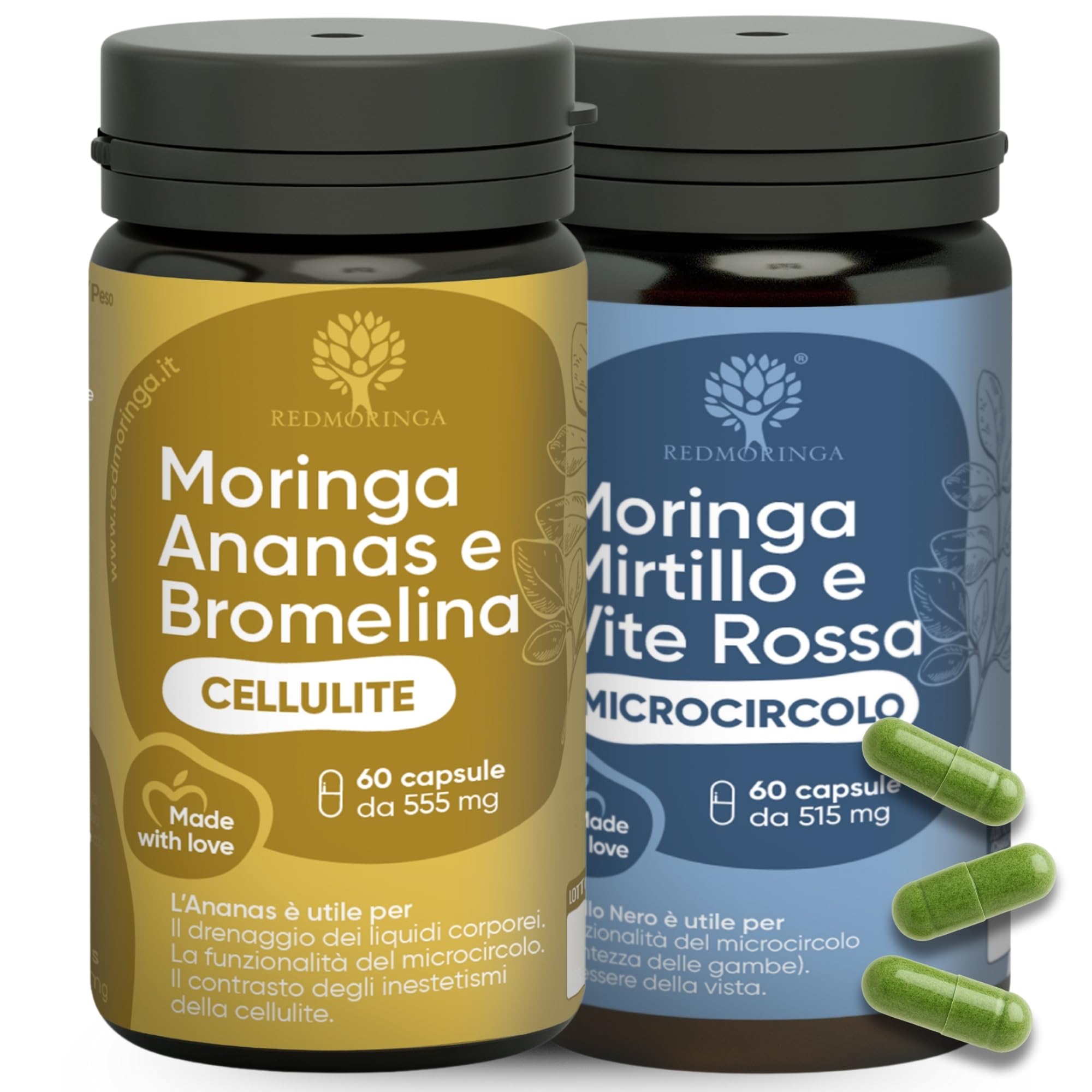 Trattamento Anticellulite Drenante - Bundle Integratore Ananas Moringa e Bromelina 5000 GDU & Integratore Mirtillo Nero e Moringa (120 Caps. Cellulite + Microcircolo) - RedMoringa
