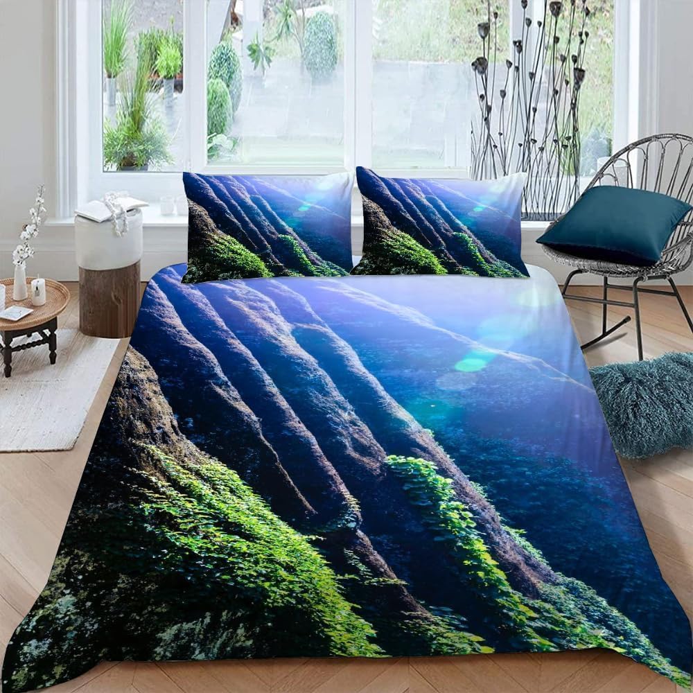 Berge Pościel 220 x 240 cm, 3-częściowa, poszwa na kołdrę 220 x 240 cm, naturalny krajobraz, druk 3D, zestaw pościeli z miękkiej mikrofibry z zamkiem błyskawicznym i 2 poszewkami na poduszkę 80 x 80
