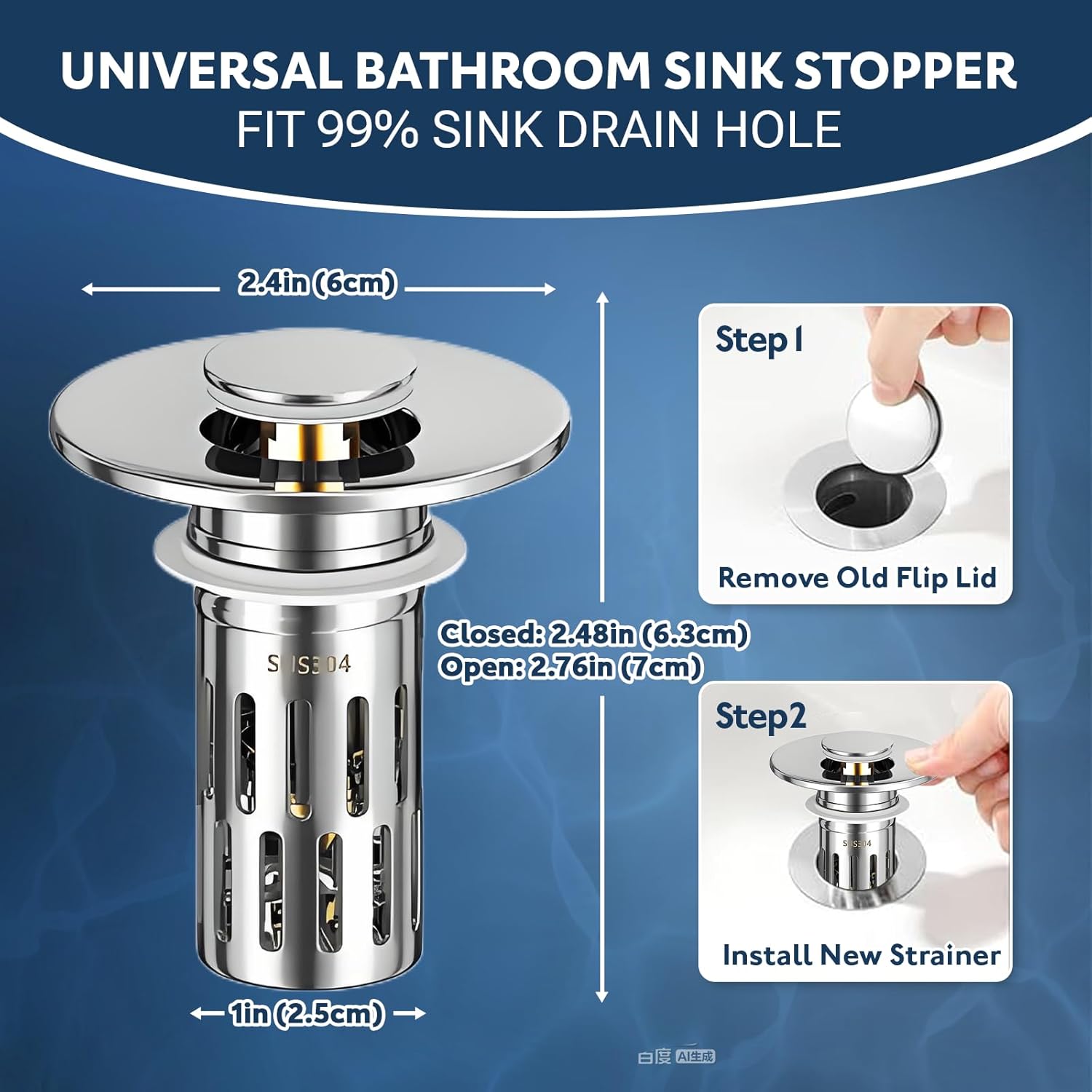 2 Pack Bathroom Sink Drain Strainer, Universal Sink Stopper with Hair Catcher Easy-Clean Pop-Up Stainless Steel Sink Strainer (F46)