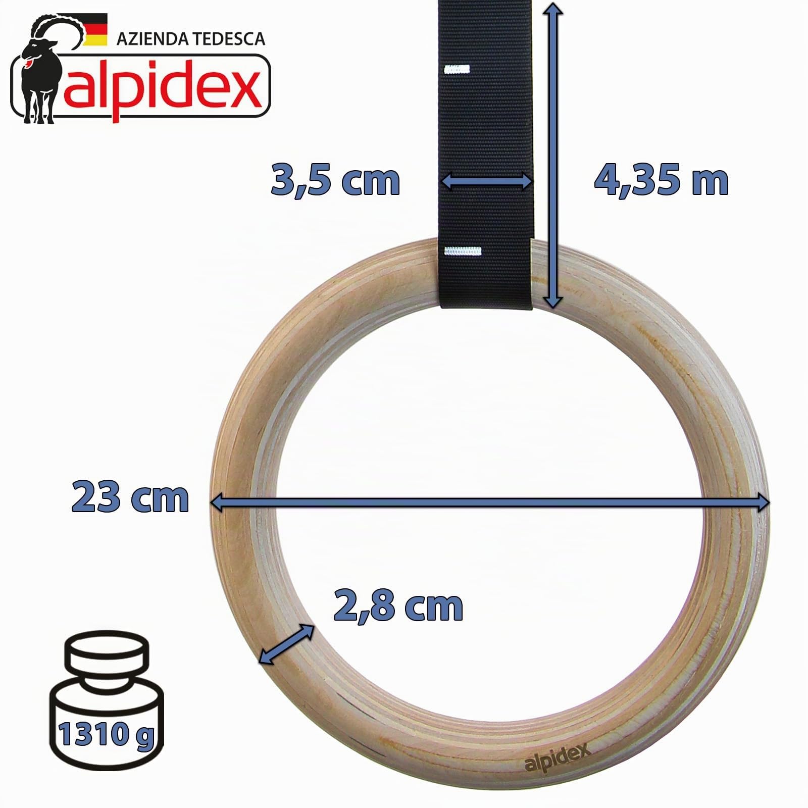 ALPIDEX Anelli Ginnastica e Palestra in Legno | e-Book Incluso – ancoraggi per Porta e Cinghie di Fissaggio con marcatura della Lunghezza