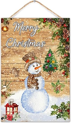 CustonCares Merry Christmas Muñeco de nieve para decoración de habitación, letrero de madera establecido, muñeco de nieve rústico con regalo,
