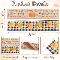 Vista 2 de Hying 2 rollos de cintas de calabaza de otoño para lazos, cintas de borde con alambre de Acción de Gracias, cinta de arpillera a cuadros de búfalo