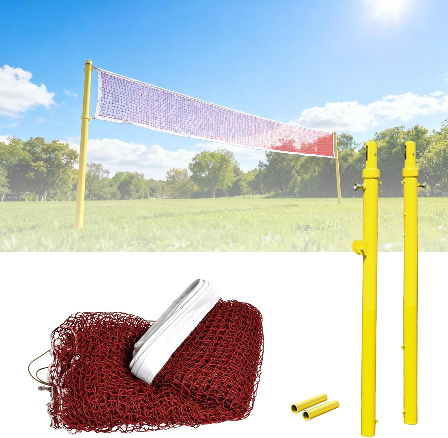 Volleyball Pole, Badminton Poles, Height Adjustable Volleyball Poles with 6.1x0.76m Net, for Indoor Gym Floor Outdoor Backyard, Ground-Mounted Badminton Set for Concrete and Dirt Surfaces