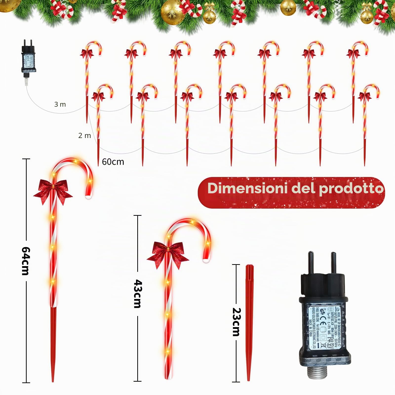 HELESIN Bastoncini di zucchero, per esterni, 14 pezzi, 12 modalità timer, decorazione per albero di Natale, bastoncini di zucchero, illuminati per esterni con 84 LED, impermeabili, illuminazione