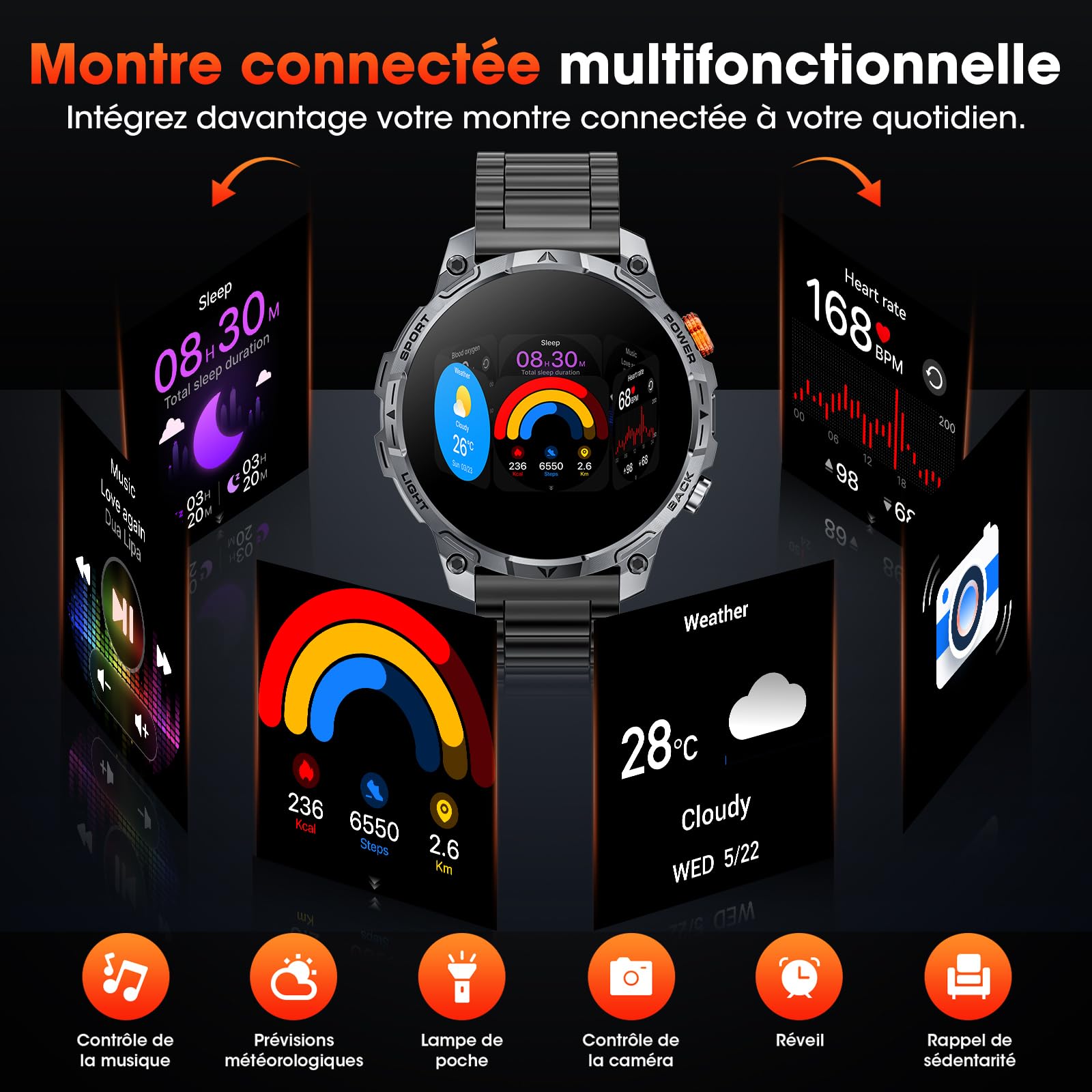 Smartwatch Uomo Militare, Batteria da 1000 mAh, Due Cinturini, Schermo HD da 1,75", Torcia LED, 100＋ Modalità Sportive, Monitoraggio della Salute, Chiamate Bluetooth per iOS Android (Nero)