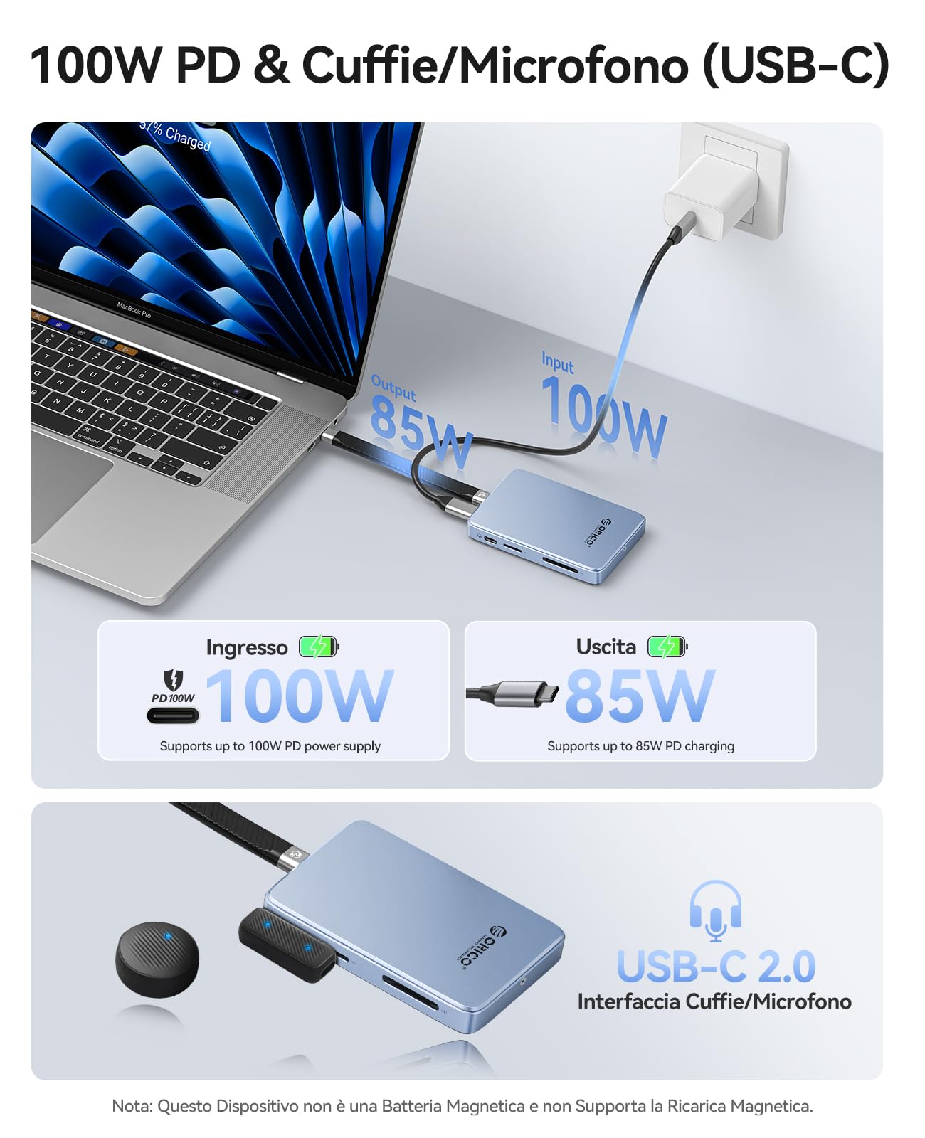 ORICO 10Gbps Magnetico M.2 NVMe SSD Case con USB-C Dock Supporta Registrazione ProRes per iPhone 17/16/15 Pro/Max/Plus TF/SD Slot PD 100W per Formati 2230/2242/2260/2280 B+M M-Key Disless AP80F Blu