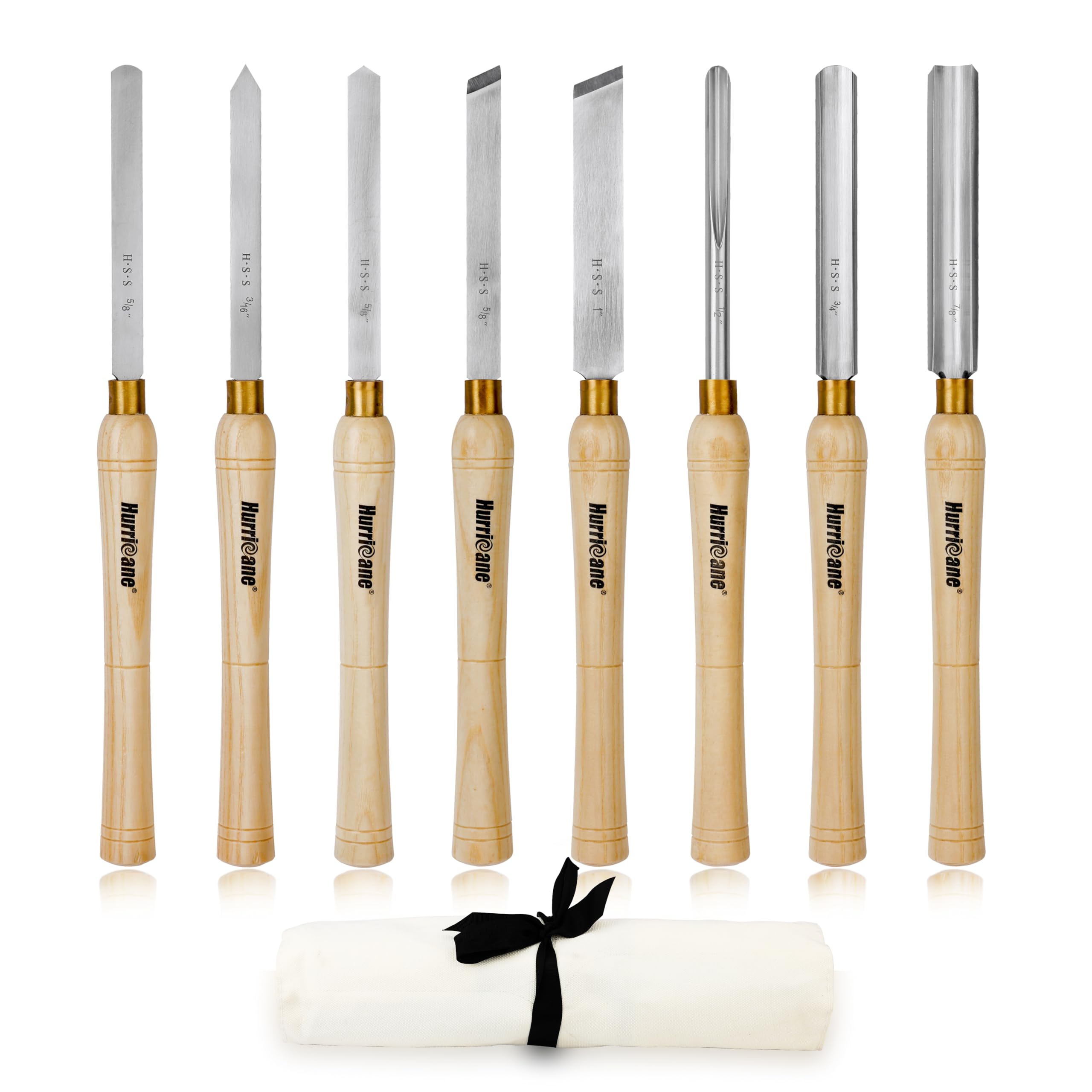 HURRICANE 8pc Wood Lathe Chisel Set, M2 HSS Wood Turning Tools with 10" Solid Hardwood Handles, Lathe Tool Kit for Beginners and DIY Hobbyists, Includes Protective Canvas Pouch