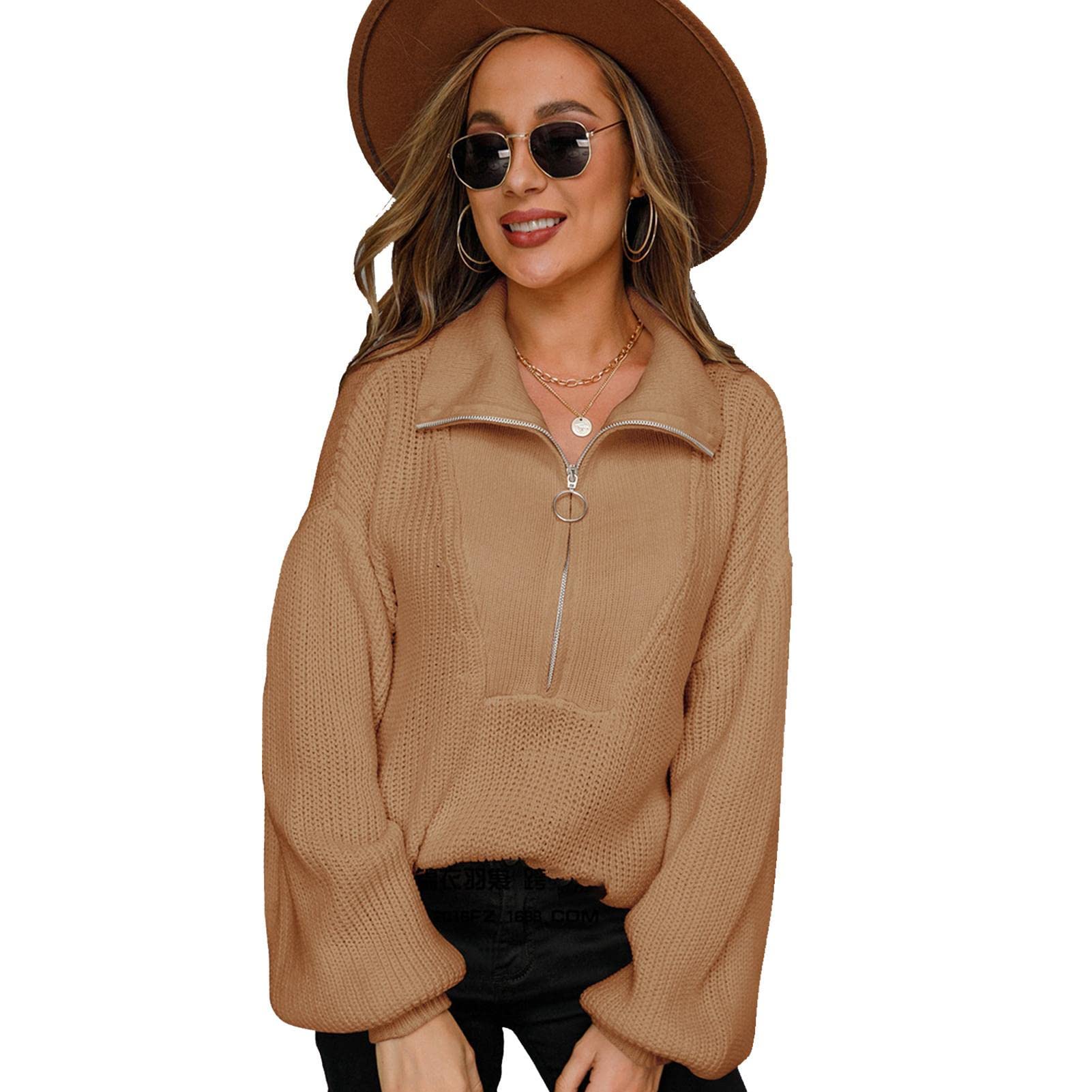 Maglioni con Mezza Zip per Le Donne,Pullover Oversize con Scollo a V e Mezza Zip