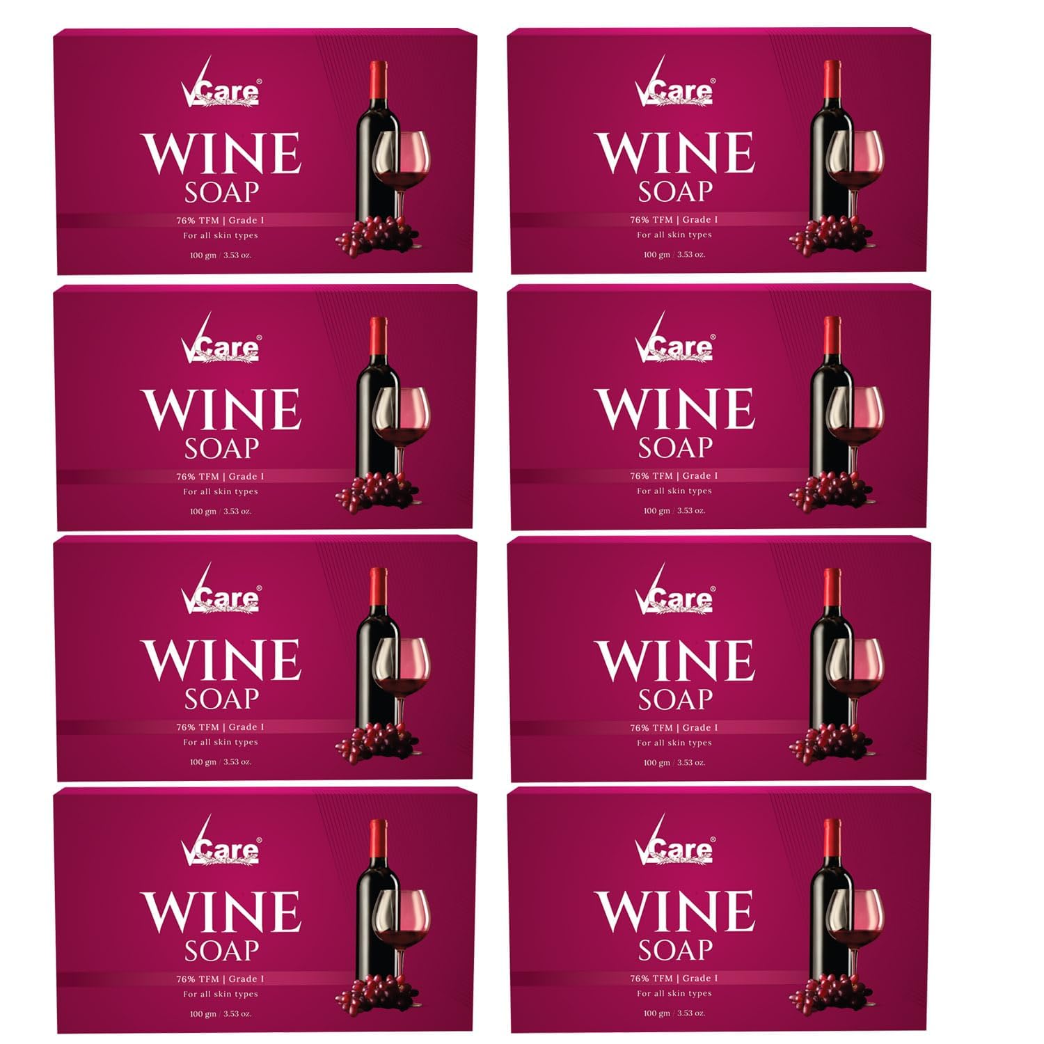 VCare Red Wine Bathing Bar/Soap for Body, Hand, Face 100 gm - Helps to Reduce Fine Lines and Wrinkles for Men and Women (Pack of 8)