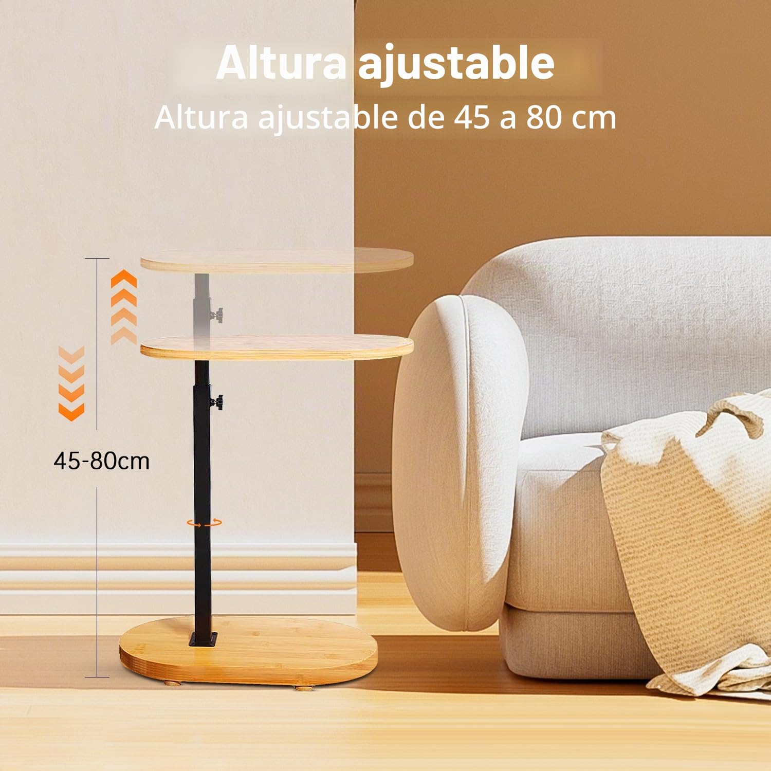 Mesa Auxiliar Forma C Bambú Metal Moderna Altura Ajustable, Side Table, Mesa Auxiliar de Cama, Mesa de Sofá, Mesilla de Noche, Mesa de Cuidado, para Salón Dormitorio Baño