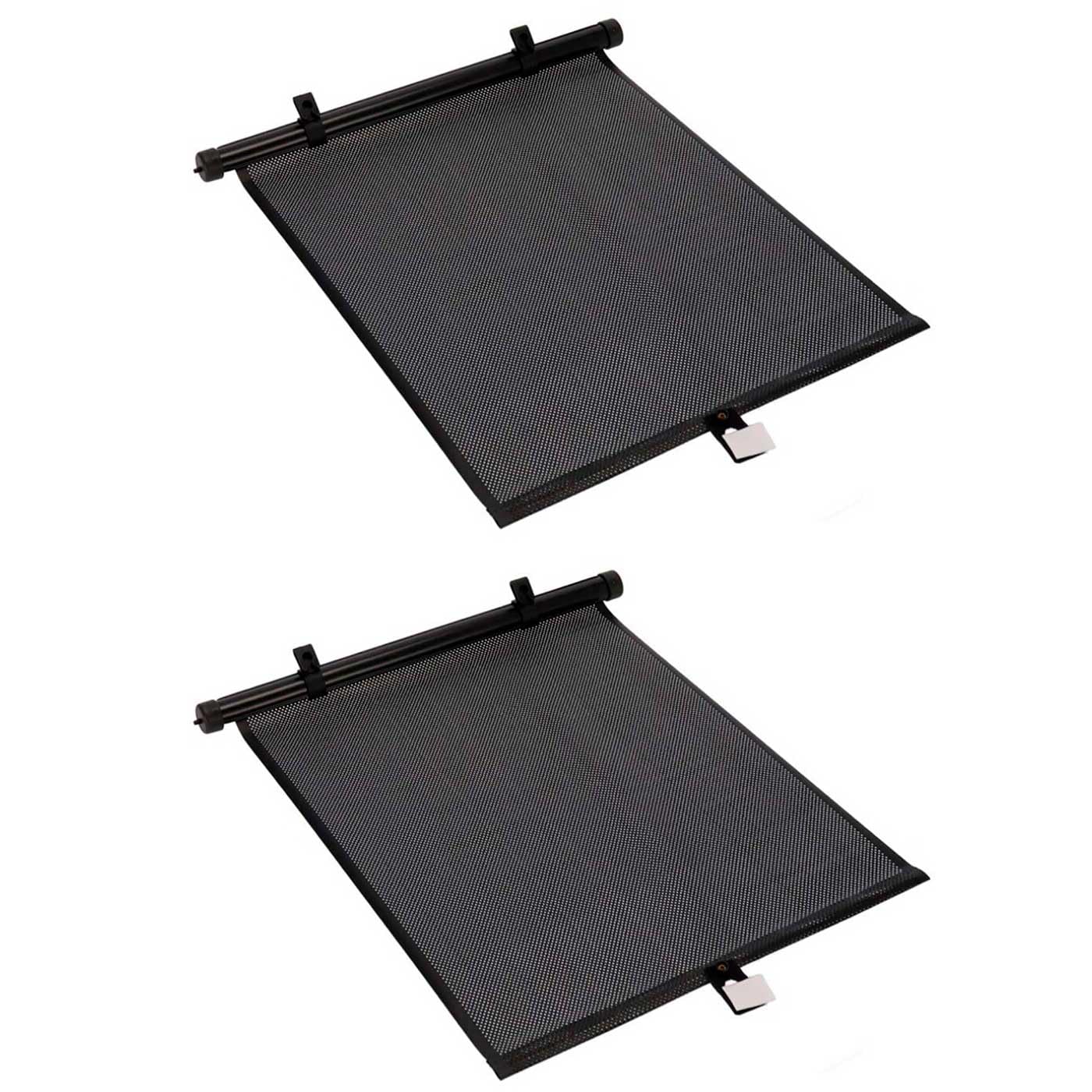Tradineur - Pack de 2 Cortinas Enrollables para ventanillas de Coche, Parasol Lateral de plástico, Altura Regulable, colocación con 3 ventosas, protección Rayos UV, privacidad (Negro, 40 x 45 cm)