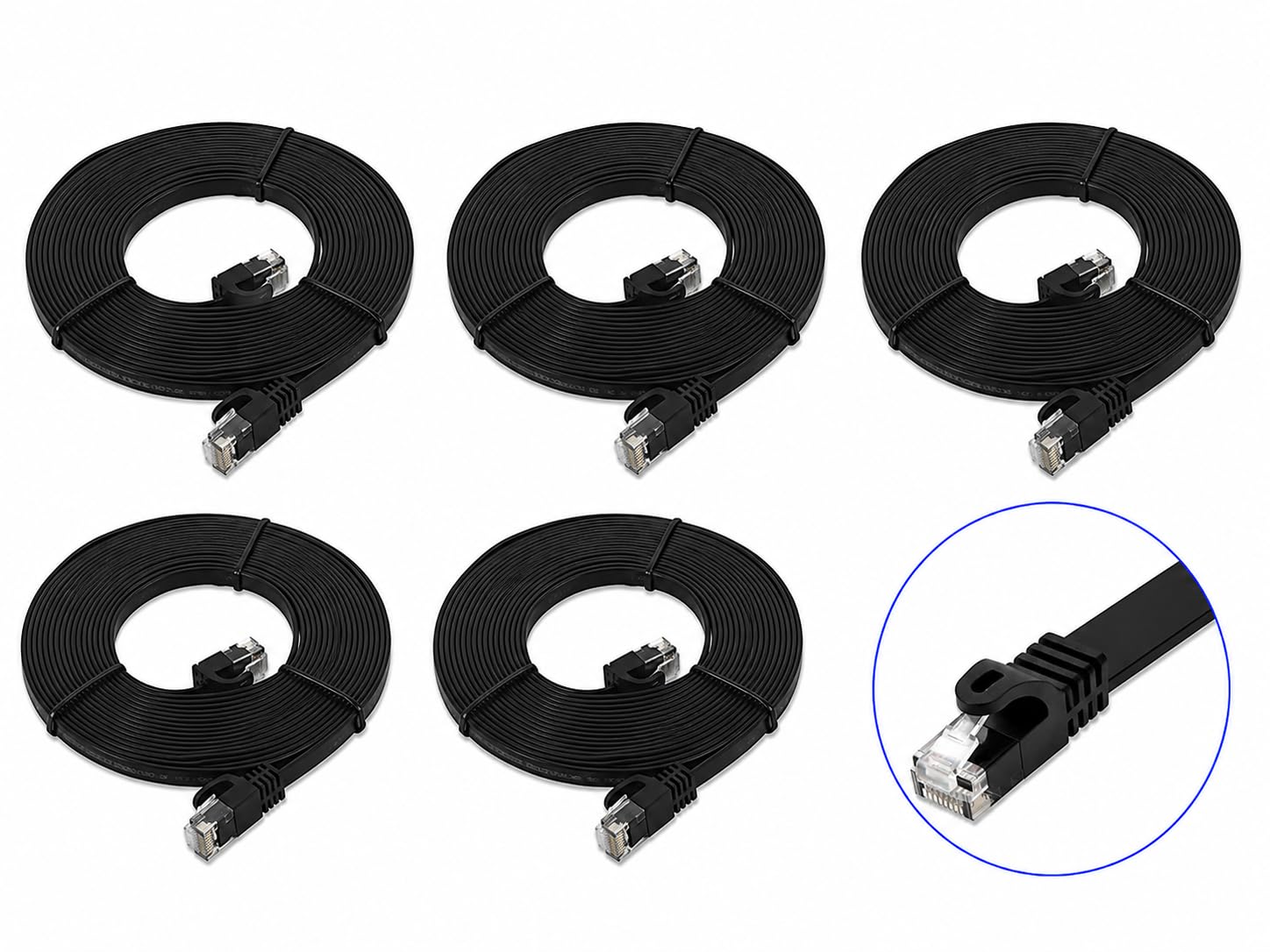 BRENDAZ Cat5e Ethernet Patch Cable, Flat, Snagless, Stranded, 350MHz, UTP, Pure Bare Copper Wire, 30AWG, 100ft, Black (5, 10-Feet)