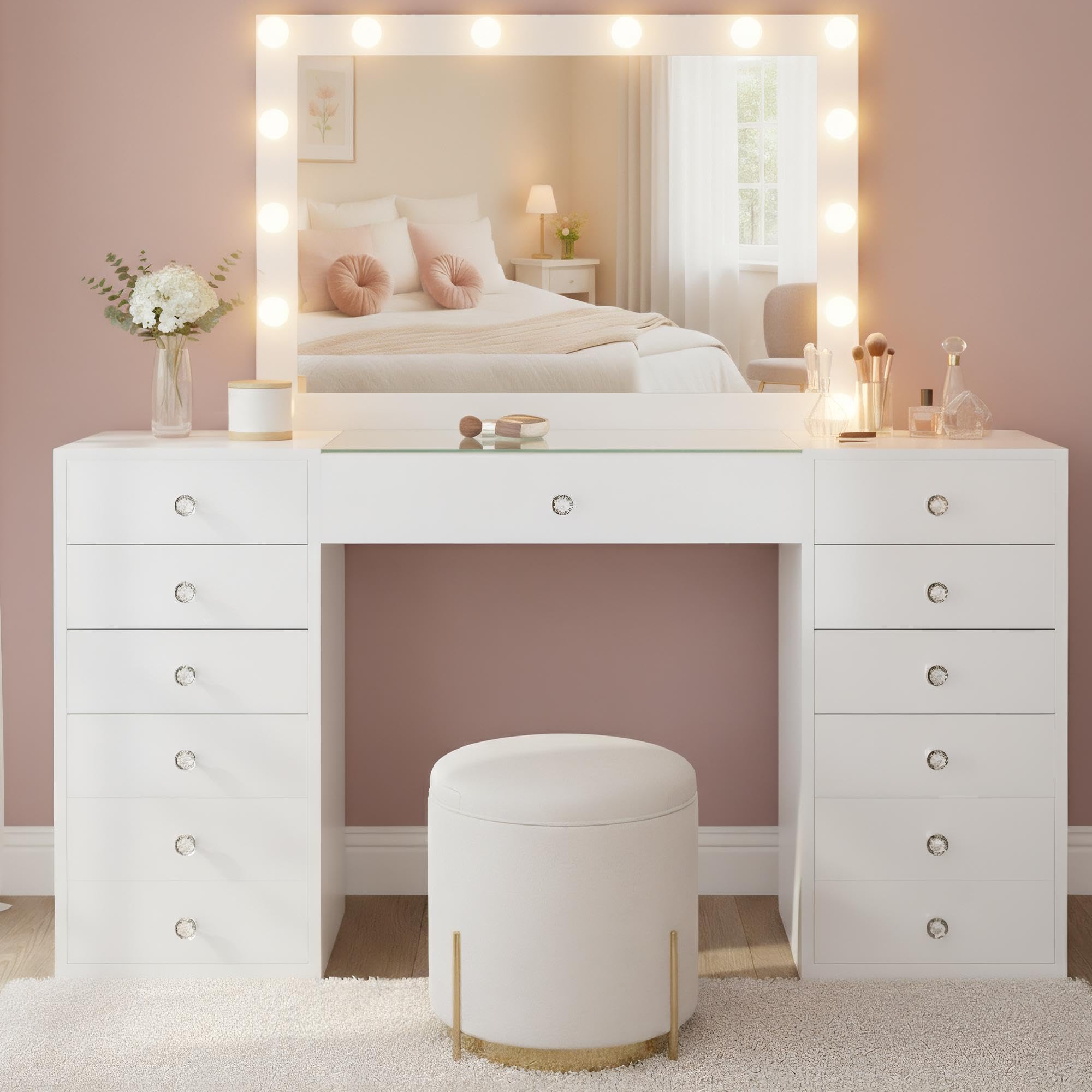 CLP Tavolino trucco con illuminazione e specchio 100x75 cm Attalla, specchio stile Hollywood LED 3 tonalità di luce, prese USB-A e USB-C, Colore:bianco