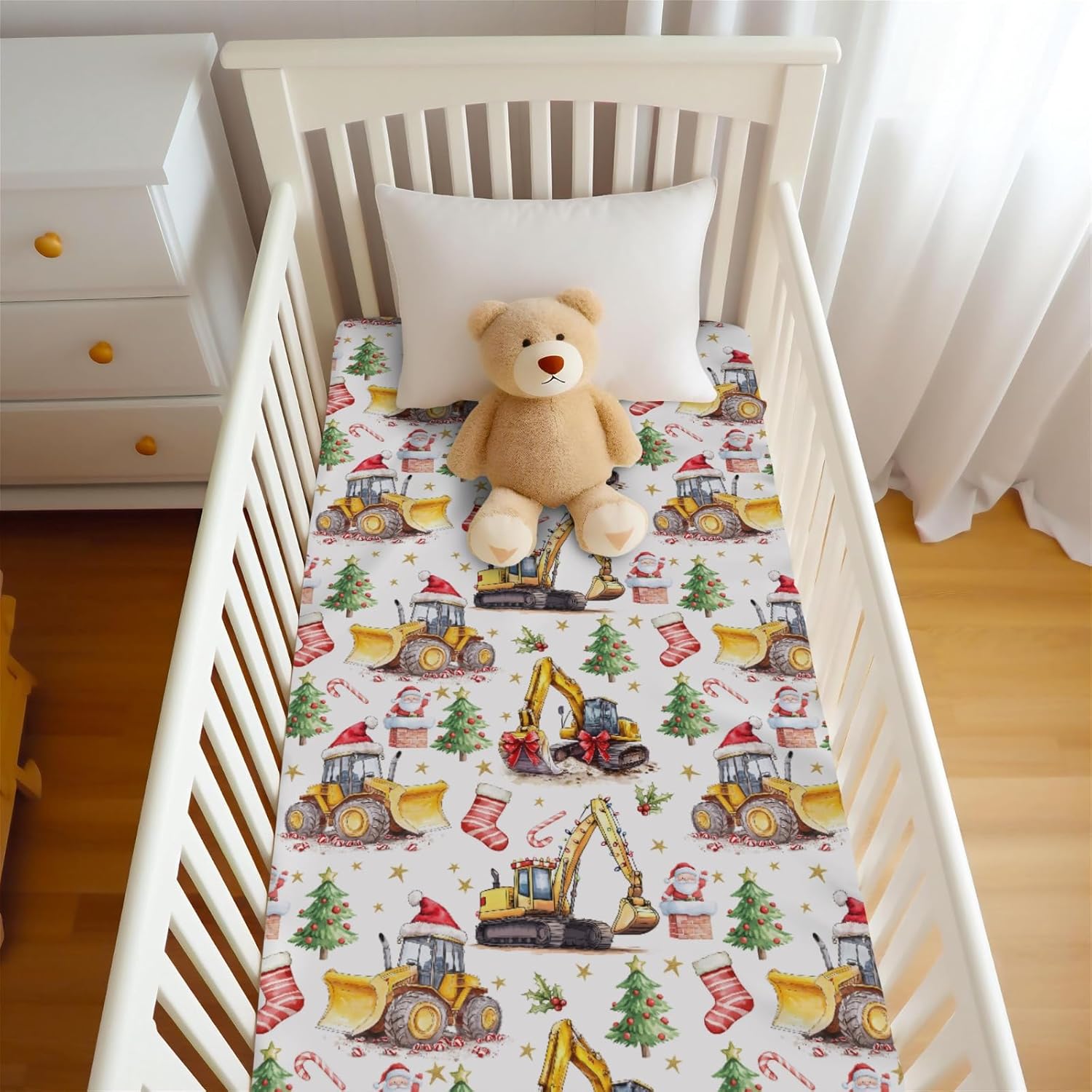 Cute Christmas Construction Trucks Santa Pine Trees Fitted Baby Crib Sheet for Boys Girls 52x28x9 in Vintage Digger Vehicles Candy Gift Fir Baby Sheet for Standard Crib and Toddler One Size