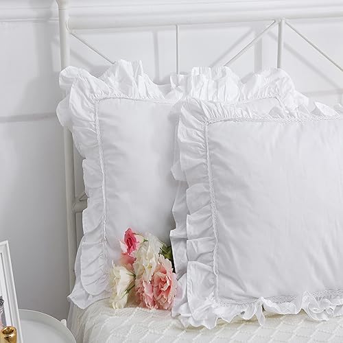 Vista 124 de Fundas de almohada cuadradas blancas con volantes, fundas de almohada europeas, 100% algodón, 18 x 18 pulgadas, 2 unidades Blanco 3