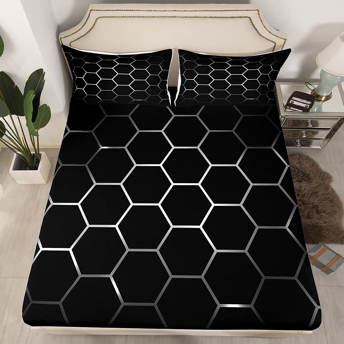 3D Honeycomb Bed Sheets Geometry Theme Sheet Set for Kids Boys Girls Hexagon Artwork Bed Set White Black Decor Sheets Bedroom Collection 4Pcs Full Size