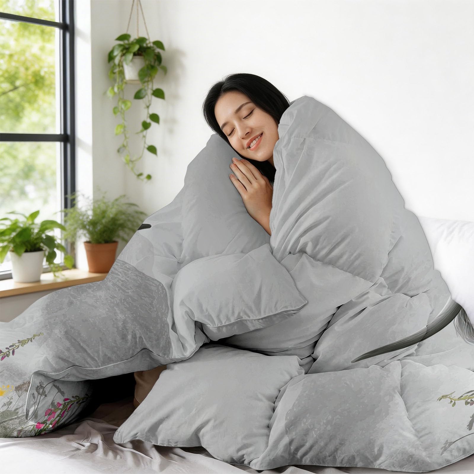 Piumone Invernale Matrimoniale 220 x 240 cm Acquerello Animali Bovini Delle Highlands Fiori Trapunta in Ecopiuma 400 gr/mq, Caldo ed Elegante – Biancheria da Letto Anallergica e Traspirante, Grigio