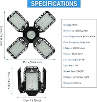 Vista 2 de LED Garage Light,150W Deformable Garage Ceiling Lights,15000LM, 4 Adjustable Panels, E26/E27 Shop Lights for Basement, Barn, Workshop,High Bay Light