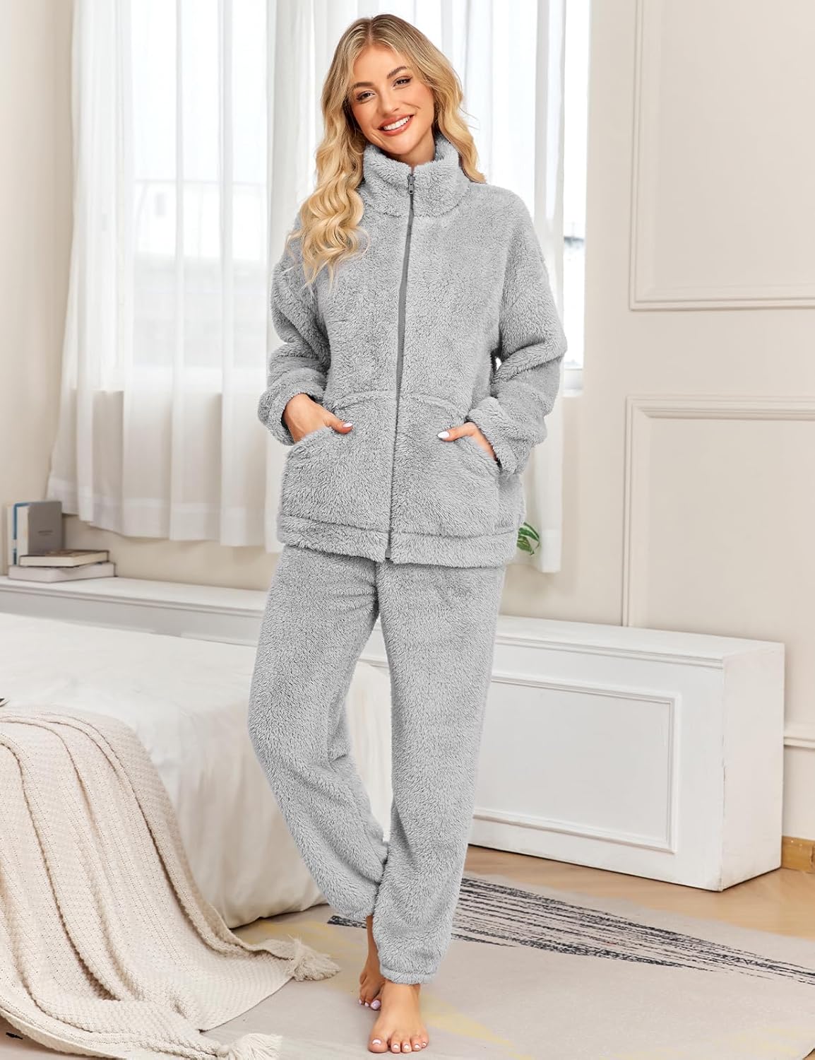 Women's Flannel Pajama Set Winter Warm Long Sleeve with Pockets and Pants Soft Cozy Loungewear - Image 2