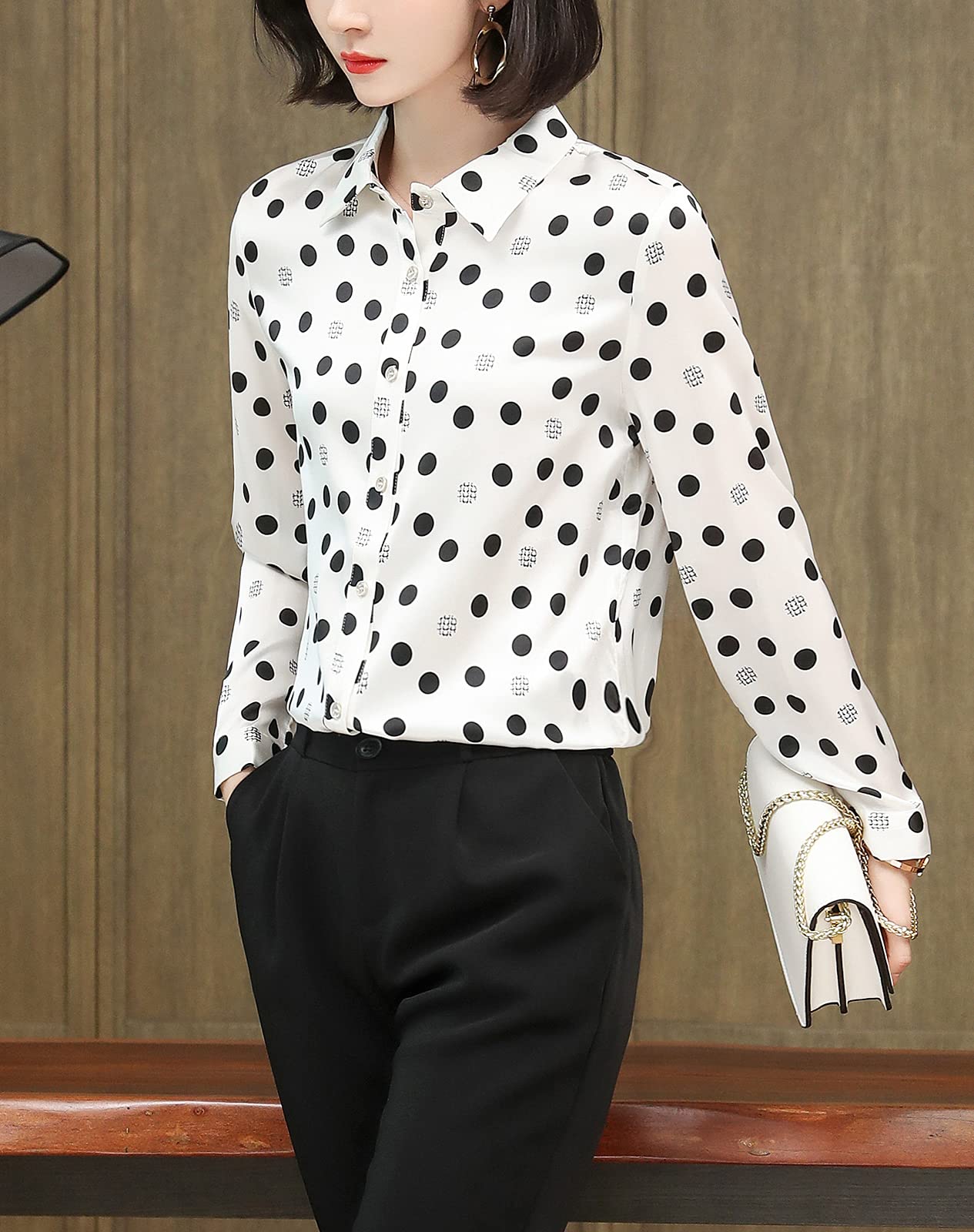 DISSA S3510 - Blusa de seda para mujer, con botones, manga larga, con solapas, de seda, Blanco, 38