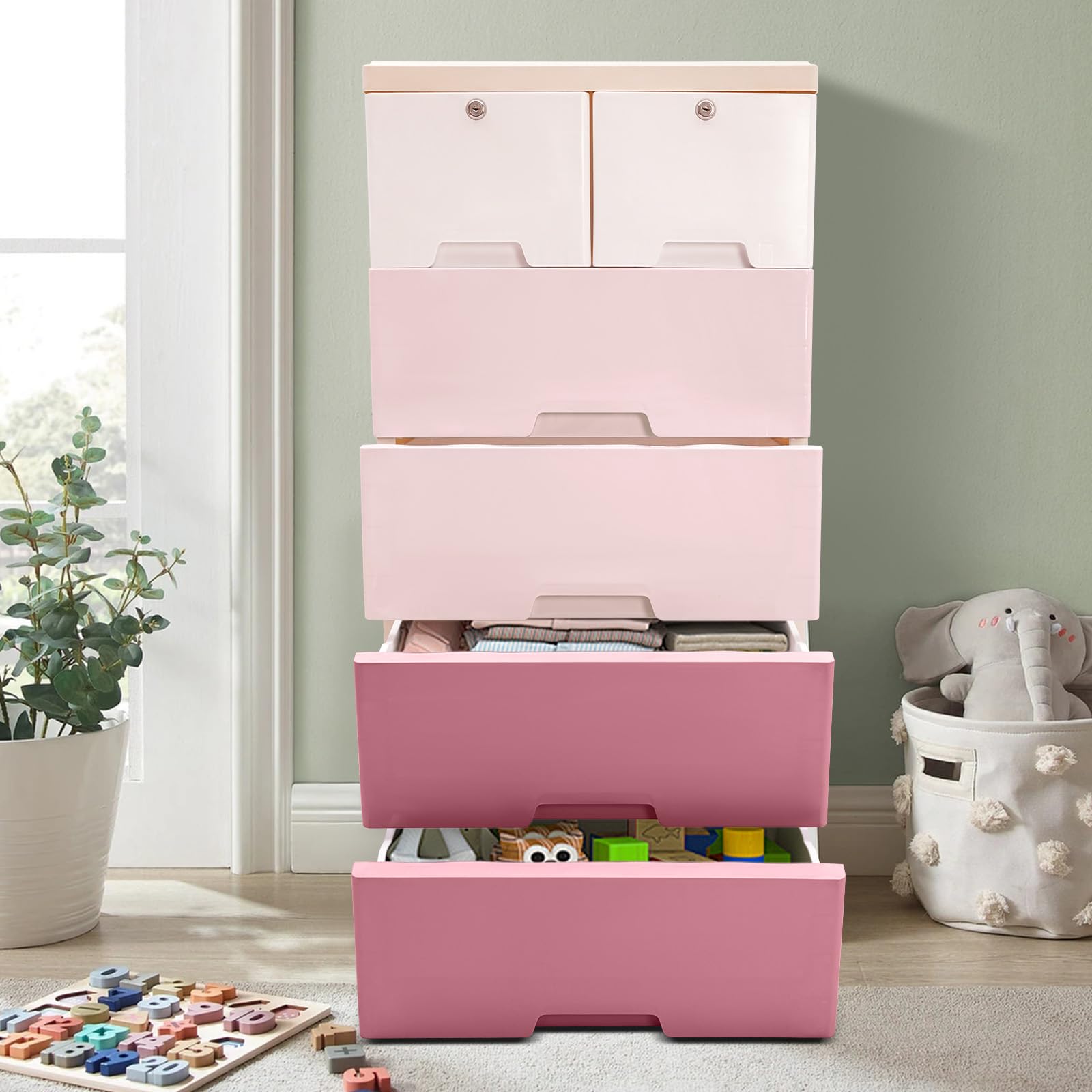 5 Layers Plastic Drawers Dresser for Bedroom, 6 Drawer Dresser Chest Modern Closet Drawers Tall Dresser Organizer with Lock, Plastic Storage Chest Organizer for Bedroom Hallway (Gradient Pink)