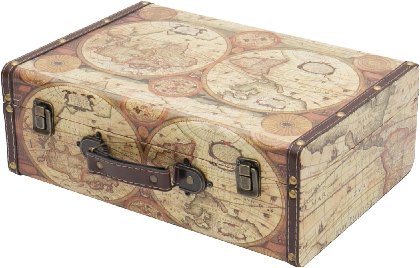 Vintage decorative suitcase made of wood, storage box with lid and leather handle, stylish storage and gift idea for wedding or birthday | World map colour | 38 x 26 x 13 cm