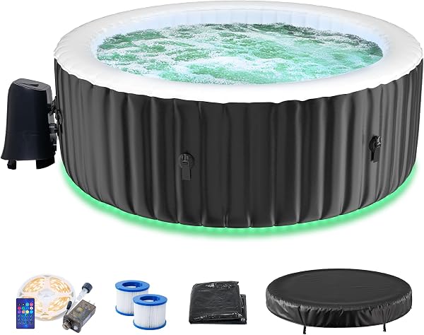 2-4 Person Inflatable Hot Tub with Colour-Changing LED Lights | Large Round Portable Spa with 120 Bubble Jets | Includes Heater Pump, Filter & Insulated Cover | 180L x 180W x 63H cm - 1