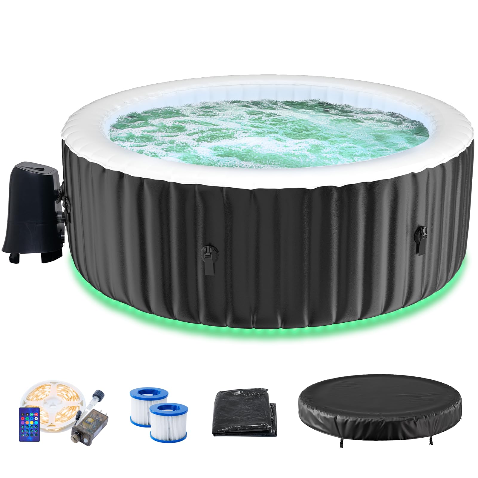 2-4 Person Inflatable Hot Tub with Colour-Changing LED Lights | Large Round Portable Spa with 120 Bubble Jets | Includes Heater Pump, Filter & Insulated Cover | 180L x 180W x 63H cm