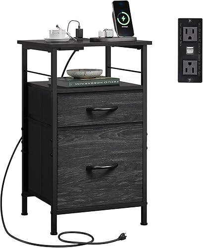 Miniatura 13 de WLIVE Juego de 2 mesitas de noche blancas con estación de carga, mesitas de noche para dormitorio, mesas de noche, mesa auxiliar con 2 cajones de