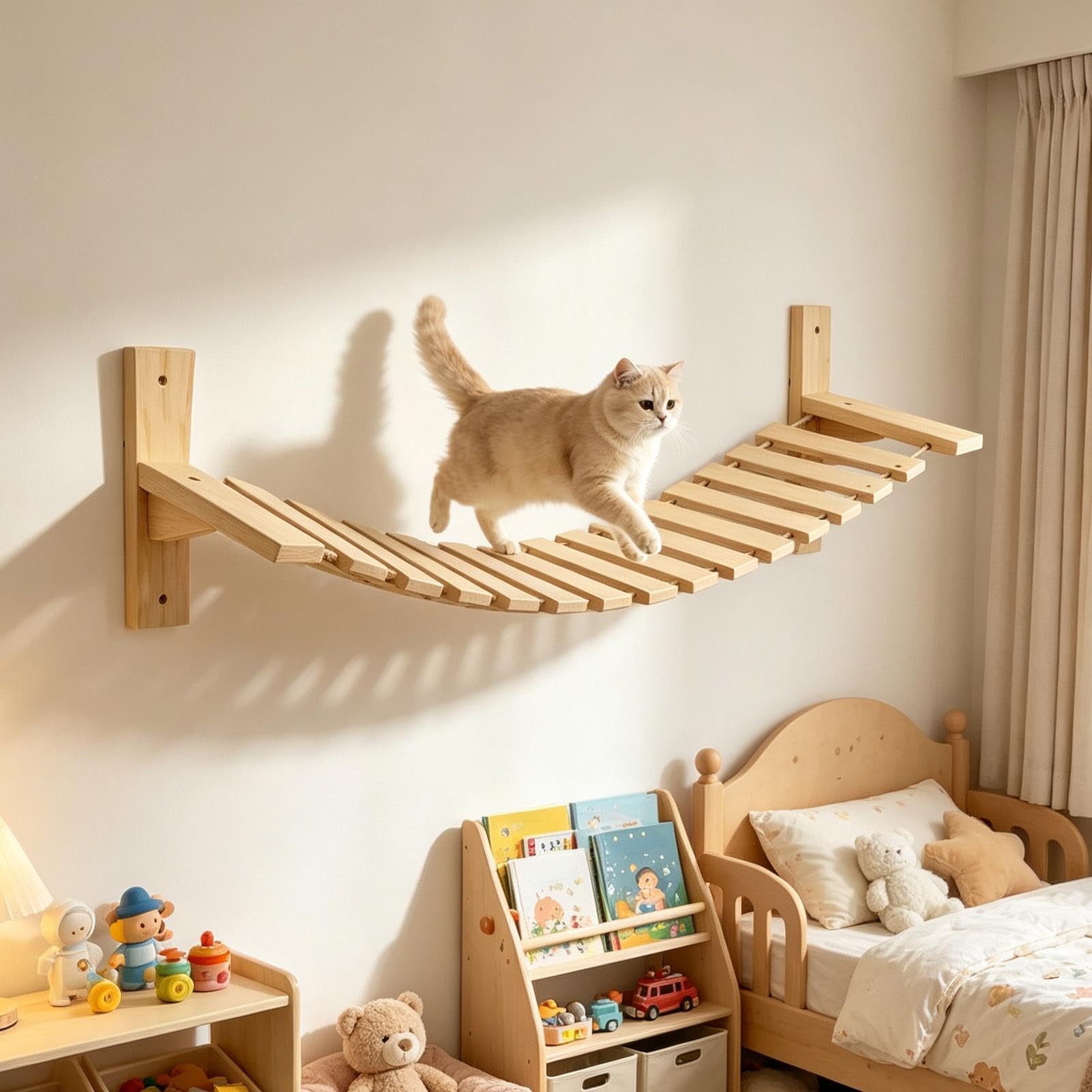 Wooden Cat Wall Shelf with Hanging Bridge for Indoor Kittens and Cats