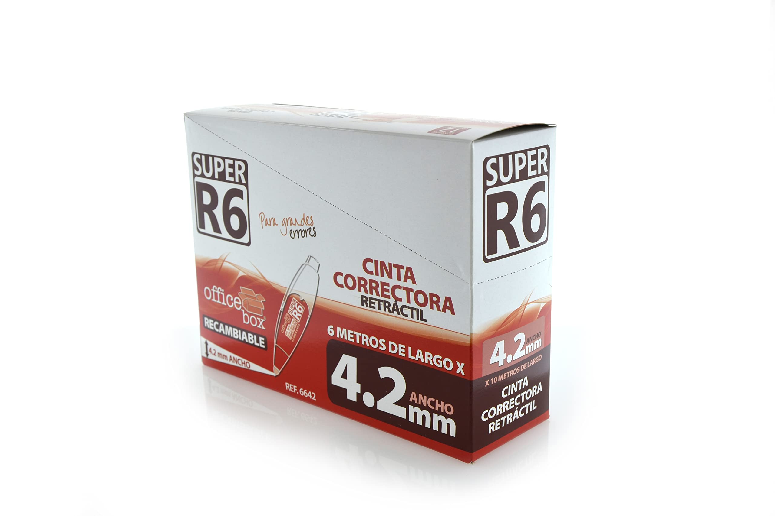 office box Pack 12 Cinta Correctora Retráctil y Recargable SUPER R6-4.2 mm de ancho x 6 Mt. de Largo - by (12 Ud - Corrector 4.2 mm Ancho)