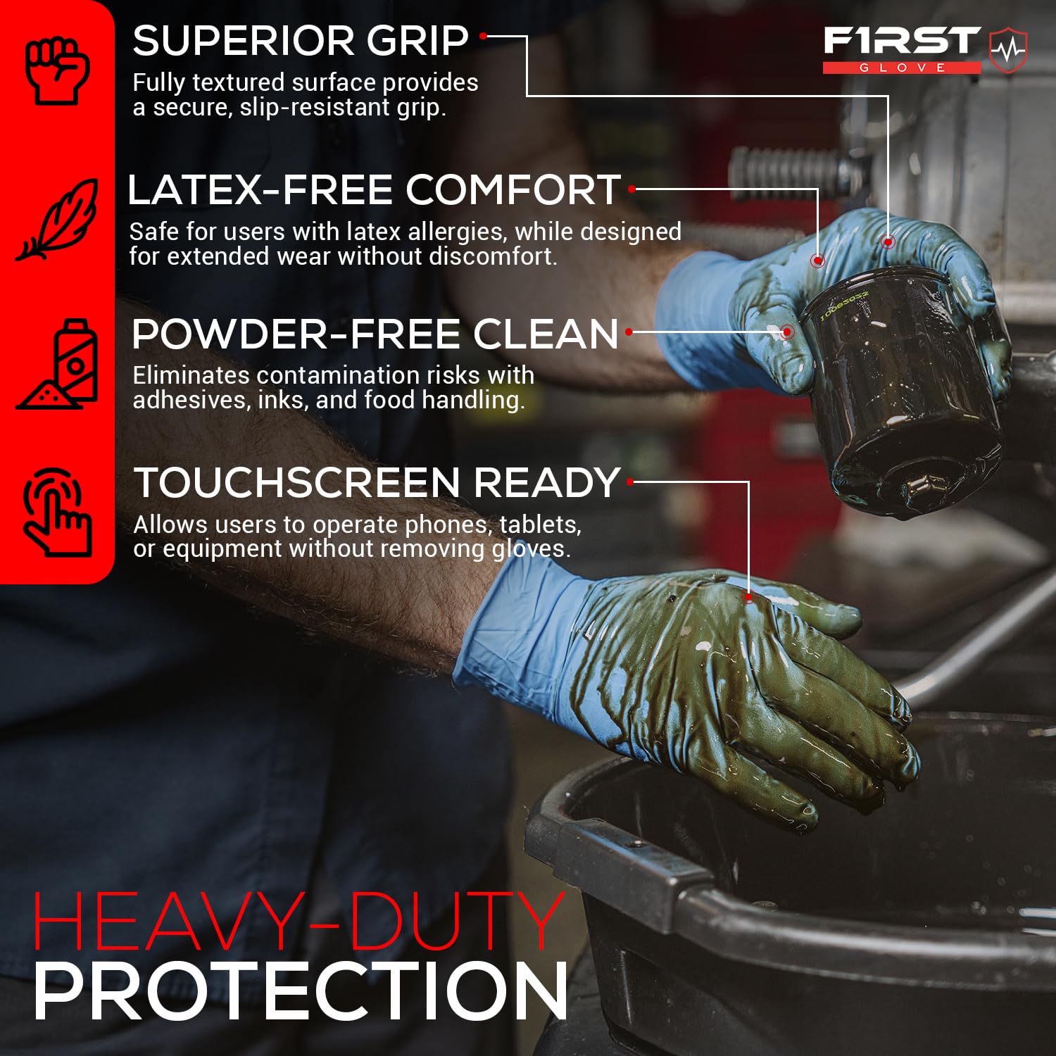First Glove Guantes azules de nitrilo de 8 mil totalmente texturizados, guantes resistentes para automoción, alimentos, limpieza y trabajo, guantes con agarre de diamante y sin polvo, 500 unidades