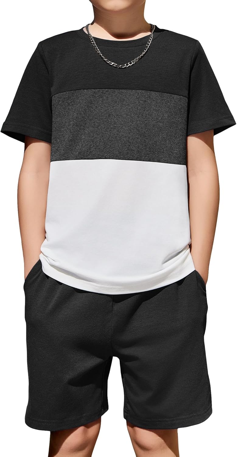 Arshiner Boys' 2-Piece Cotton Outfit Color Block T-Shirt and Shorts Set Casual Summer Clothes for Kids 6-14 Years