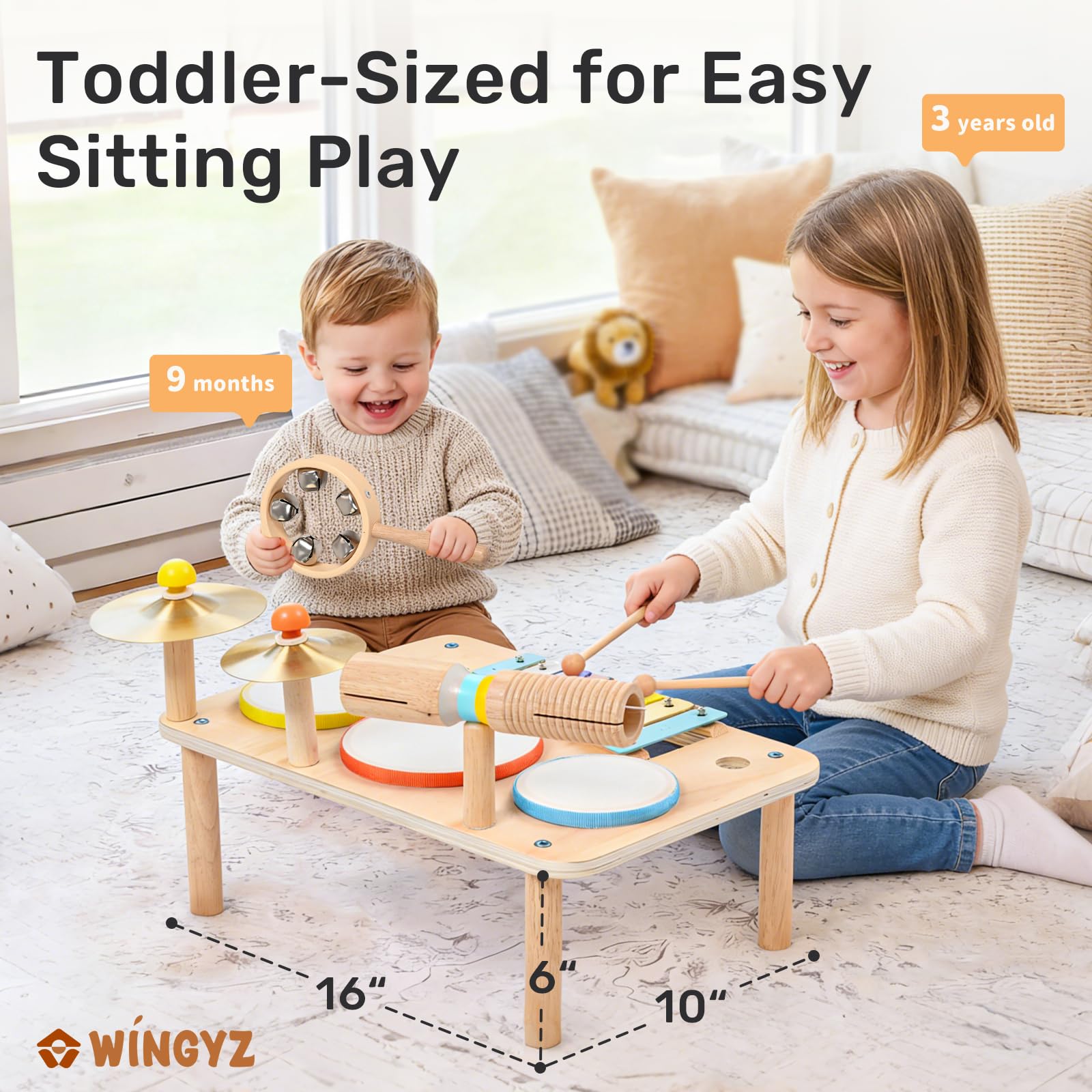 WINGYZ Batteria per bambini, set di strumenti musicali in legno 9 in 1 con xilofono, tamburo per bambini a partire da 1 anno, giocattolo musicale per ragazzi e ragazze, regalo per il primo compleanno
