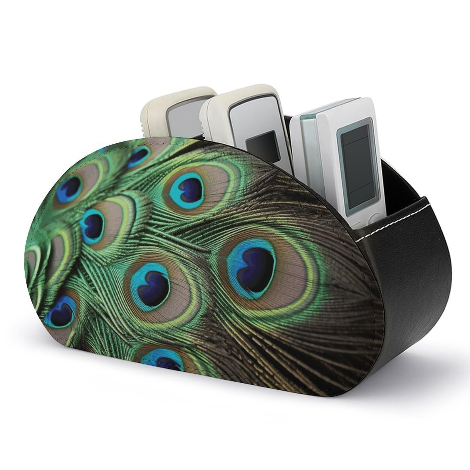 VstaDank Green Peacock Feather Remote Control Holder with 5 Compartments PU Leather Remote Caddy Desktop Organizer Store TV Remote Control Storage Box for Home Office Desk Nightstand