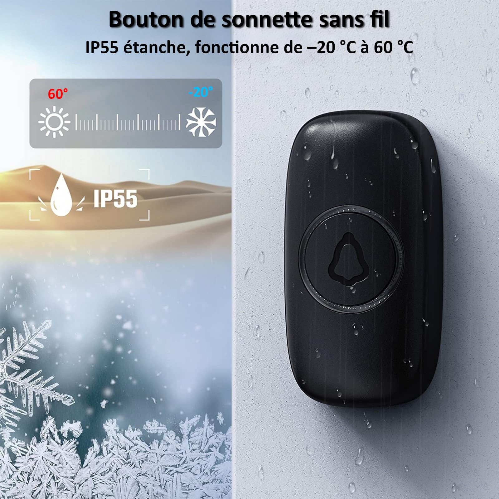 SECRUI Sonnette Sans Fil Exterieur Etanche, Doorbell Avec 2 Récepteurs + 1 Émetteur À Pile, 58 Mélodies Carillon, 5 Niveaux Volume 120 dB, LED, 300m Longue Portée Sonette Pour Maison,Appartement, Noir
