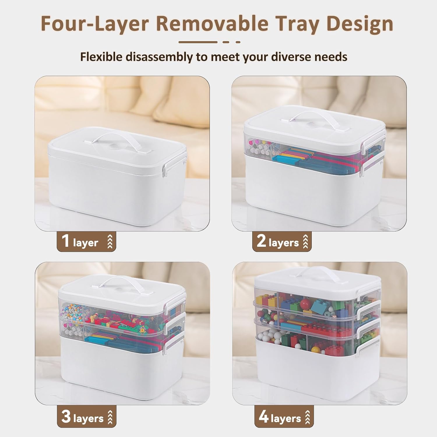 4-Layer Craft Organizers and Storage with Removable Trays, Craft Organizer with lids and Handle, Arts and Crafts Storage, Art Organizer, Crafts Organization, for crayons, Sewing, Tool, Playdoh,White - Image 4