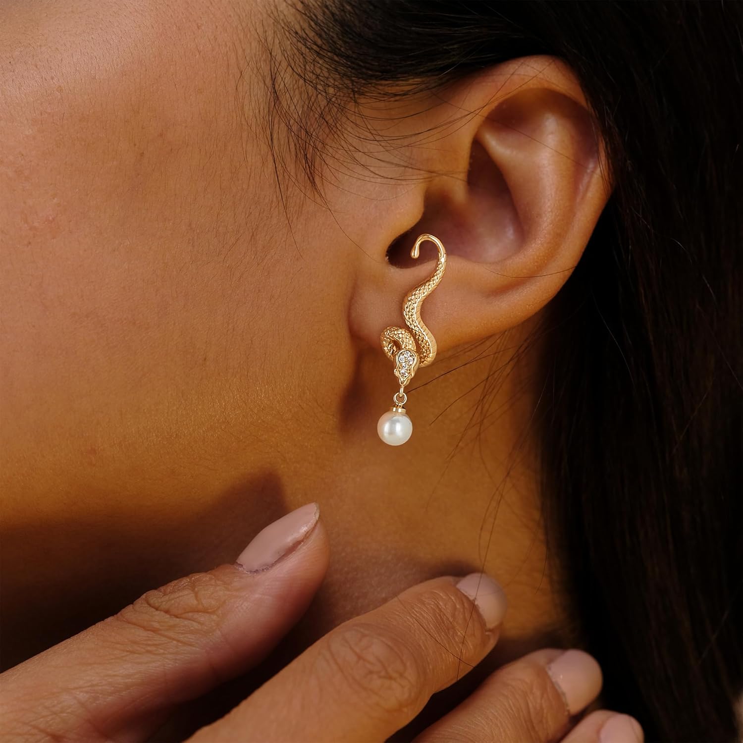 VACRONA Gold Snake Stud Earrings for Women 14K Gold Plated Cubic Zirconia Handmade Trendy Gold Hypoallergenic Jewelry - Image 3