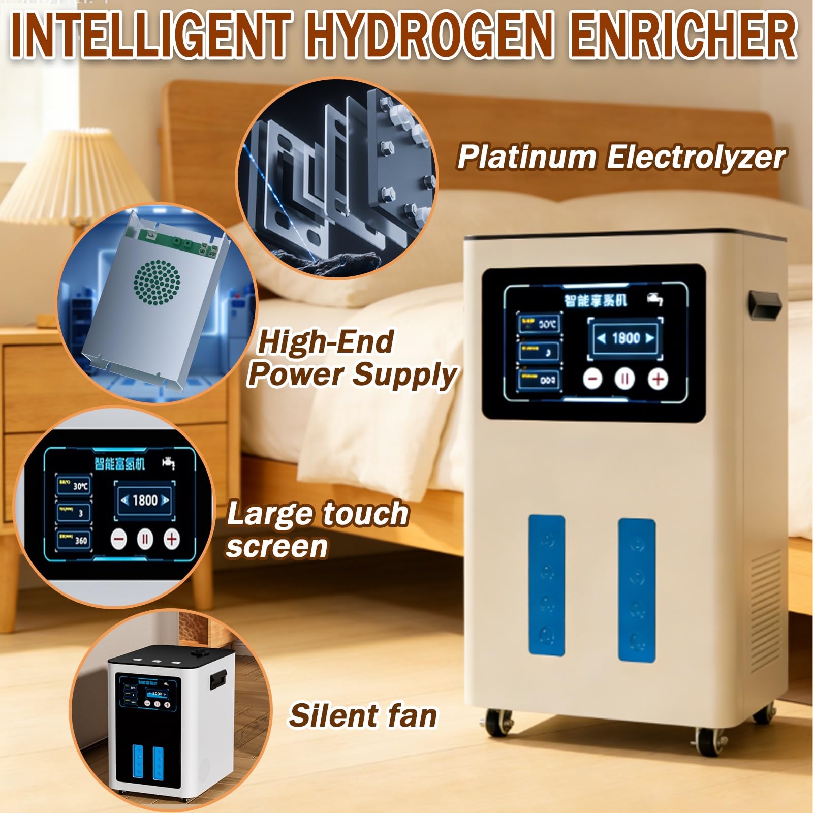 Inhalator Wodorowy O Wydajności 900–1800 Ml/Min, Inhalator Wodorowy Automatycznym Spustem Wody Technologią SPE/PEM Czystości 99,99% Bezproblemową Obsługę Domu(1800ML)