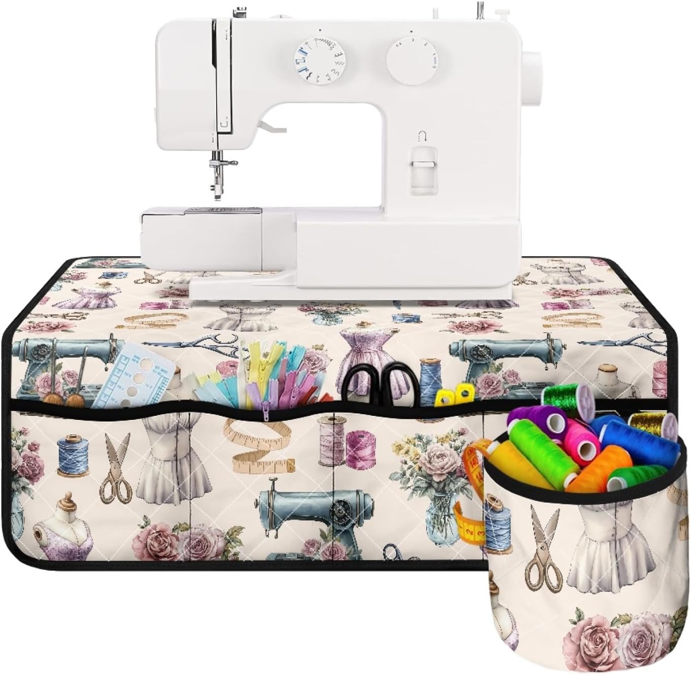 SewingTool Print Sewing Machine Mat with Pockets Non Slip Sewing Machine Carrying Pad Organizer for Stitching Device Accessories Home Decor