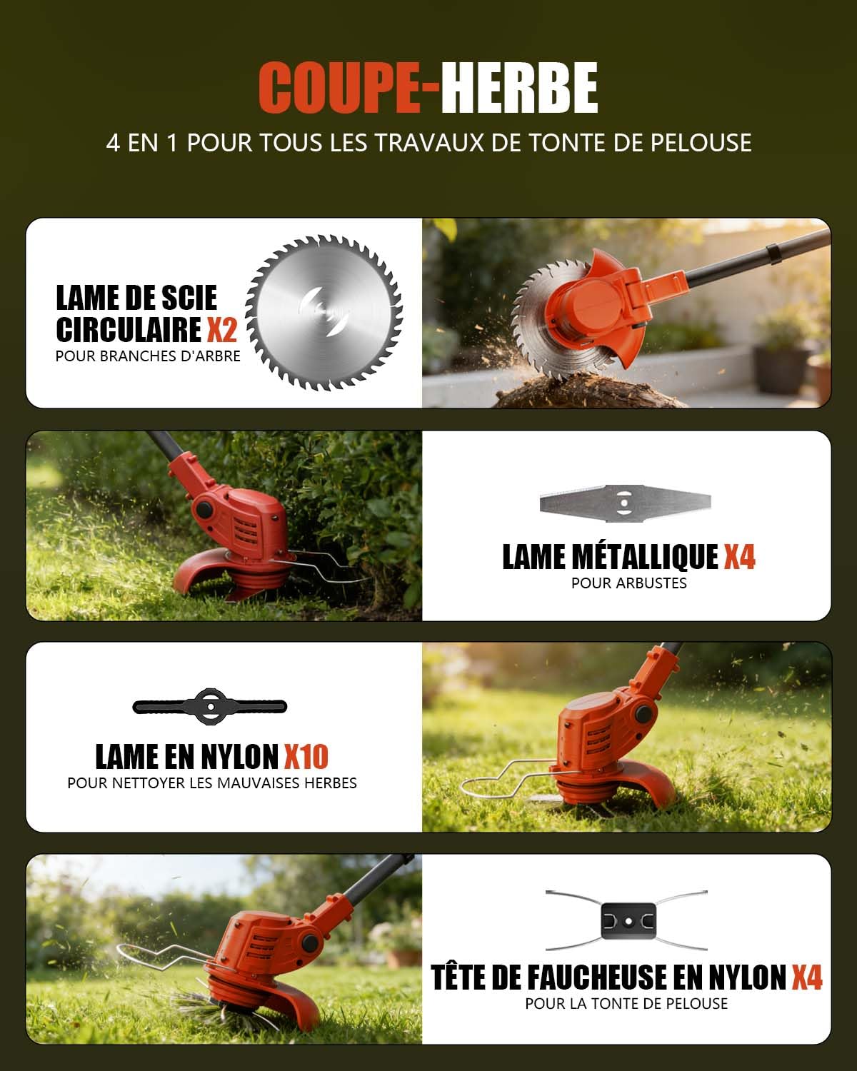 Débroussailleuse Électrique sans Fil 850W Brushless, 2 Batteries 4.0Ah, 4 Lames, Coupe-Bordure Jardin