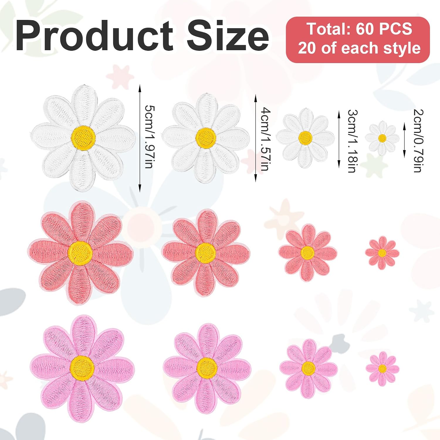 60 Pcs Daisy Flower Patches Iron on - 4 Sizes Colorful Applique Patches - Cute Iron on Flowers Embroidered Sew on Applique for Bags Hats Jeans Jackets Backpacks Shoes T-Shirt Clothes DIY Accessories